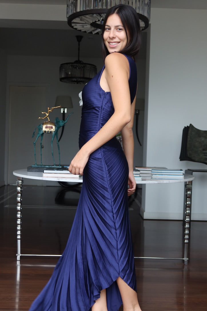 Vestido Maxi Azul Marino Plisado de Un Hombro A.L.C