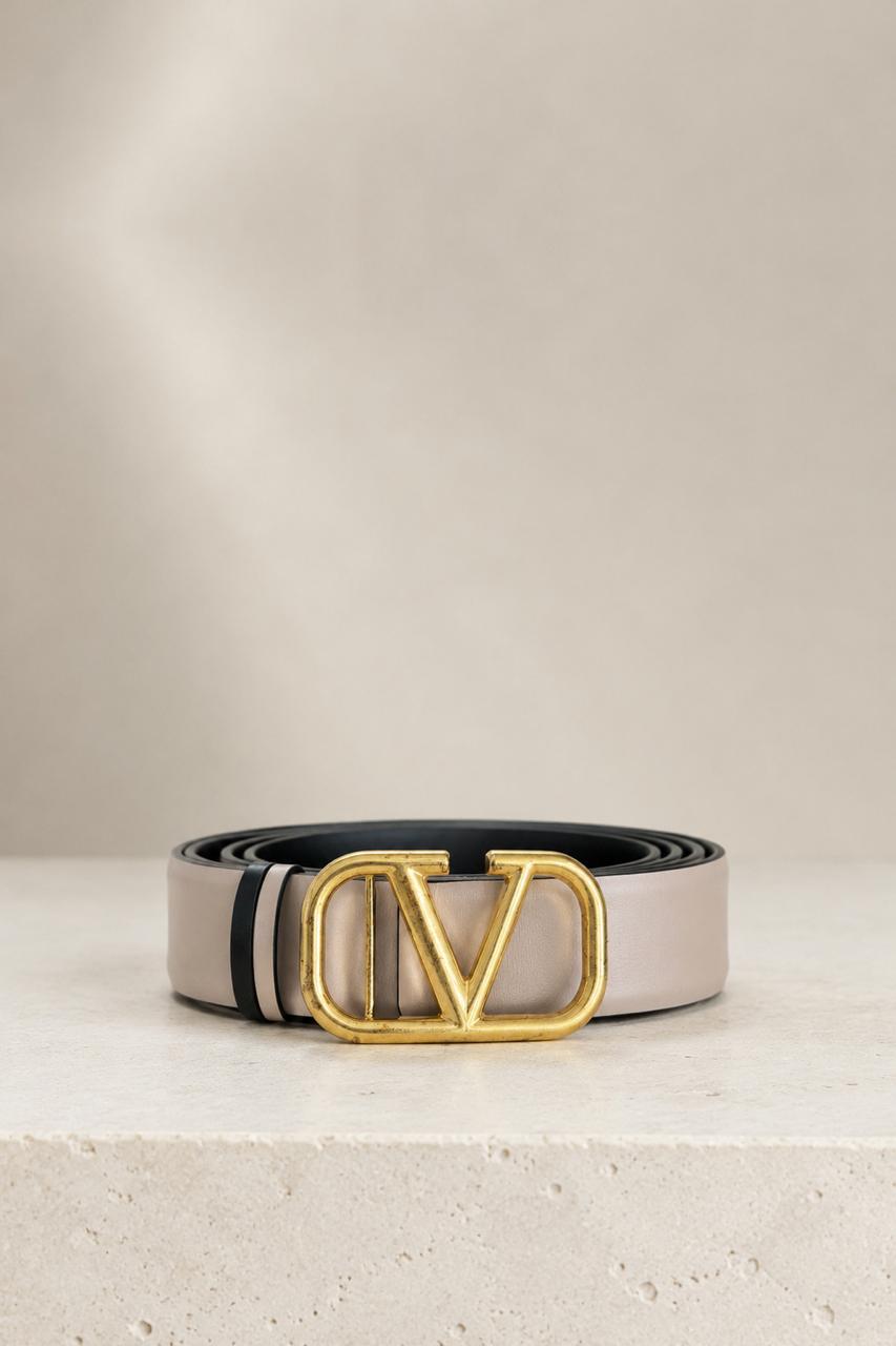 Correa Reversible de Cuero Negra y Taupe Valentino VLogo