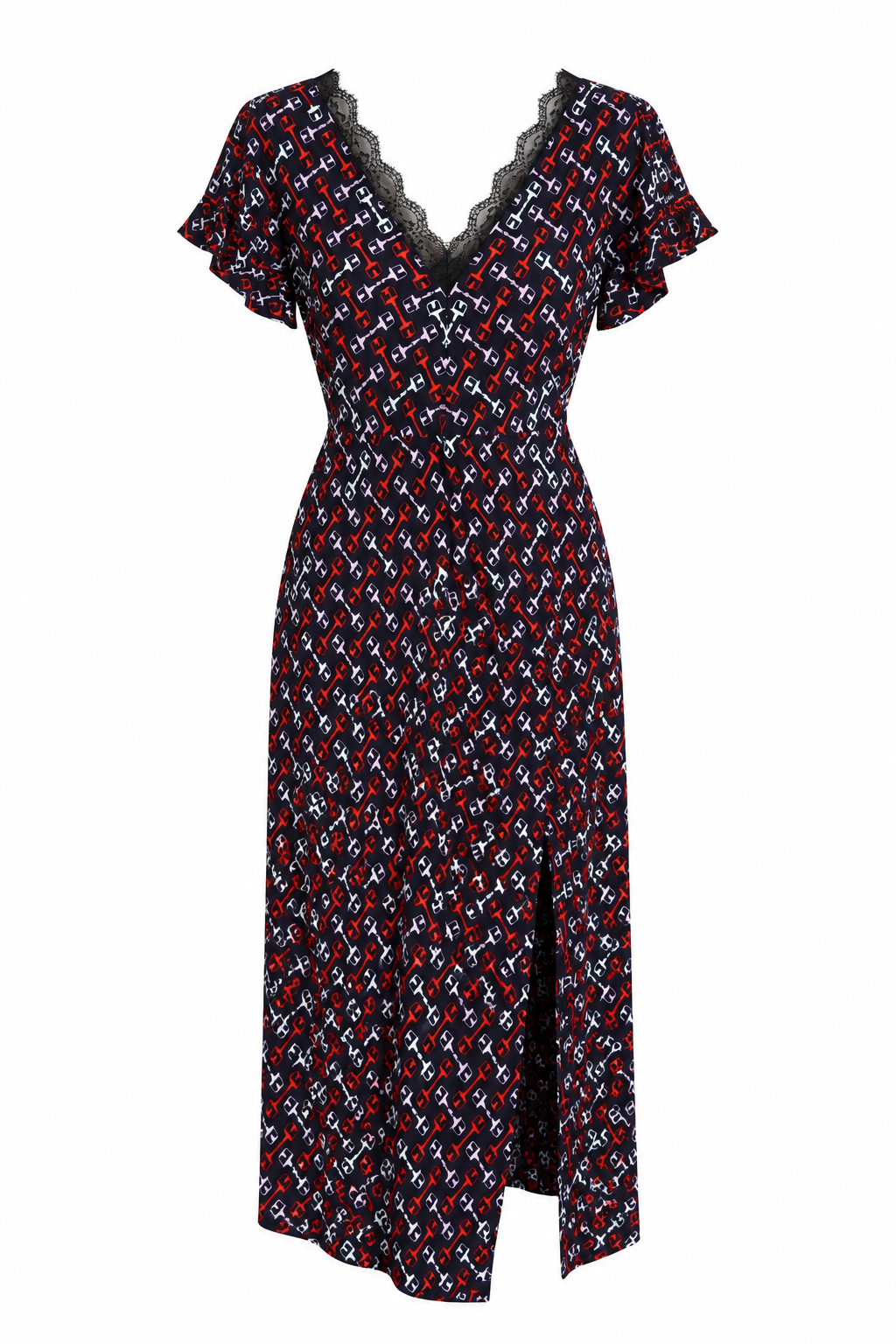 Maje Printed Lace-Trim Midi Dress