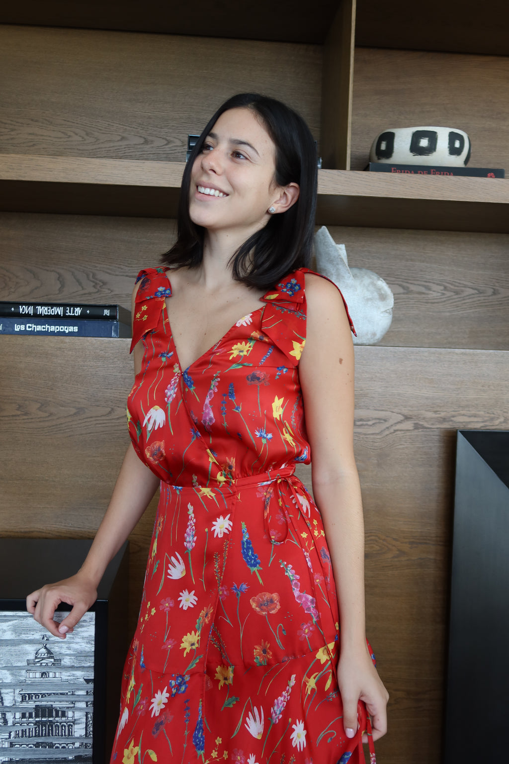 The Kooples Red Floral Print Asymmetric Midi Dress