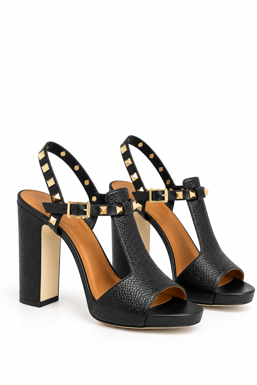Valentino Garavani Black Leather Rockstud Block Heel Sandals