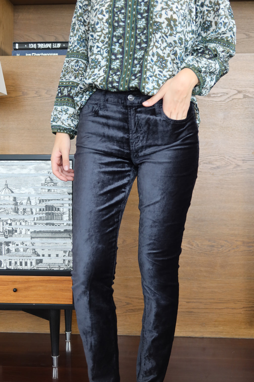 7 For All Mankind Dark Forest Green Velvet Skinny Pants