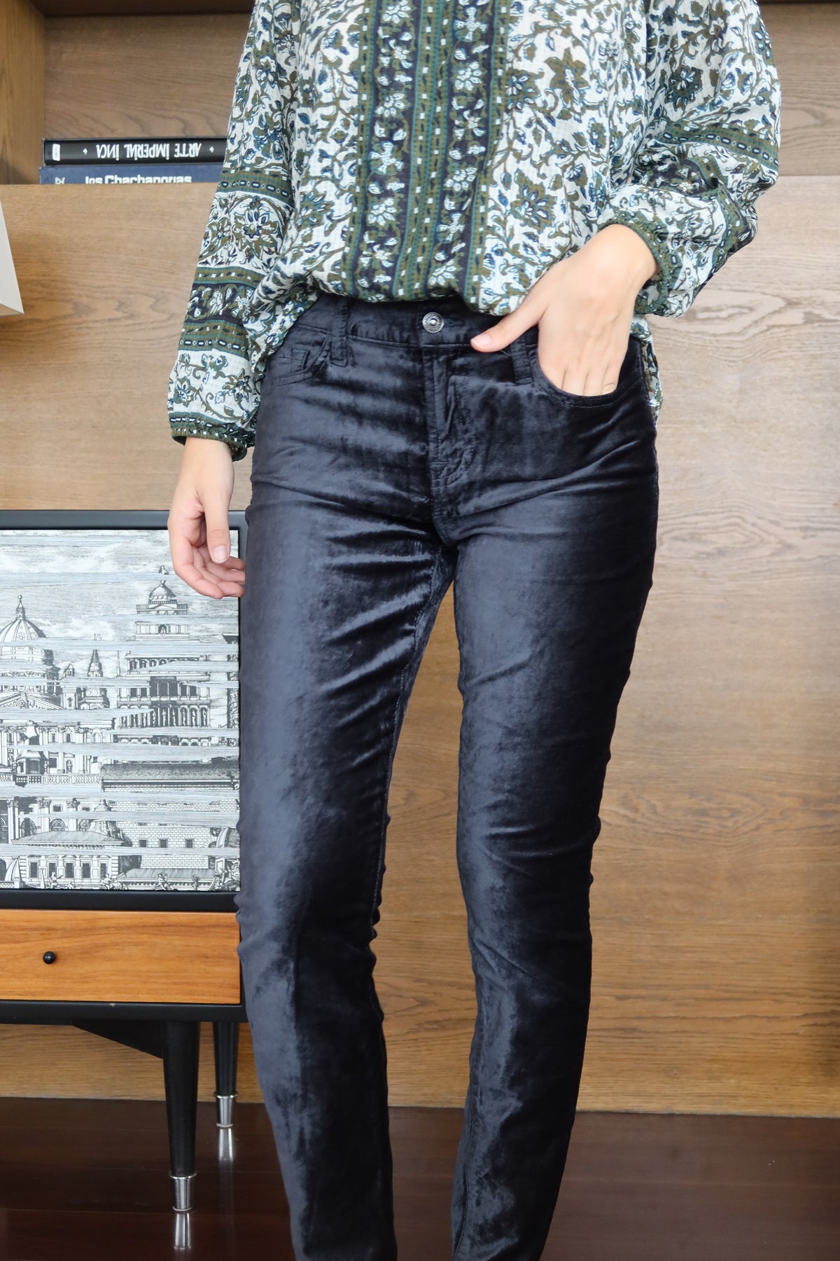 7 For All Mankind Dark Forest Green Velvet Skinny Pants