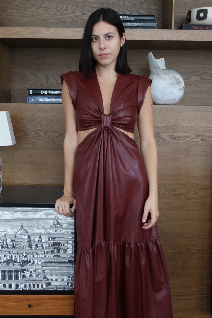 A.L.C. Burgundy Faux Leather Cutout Maxi Dress