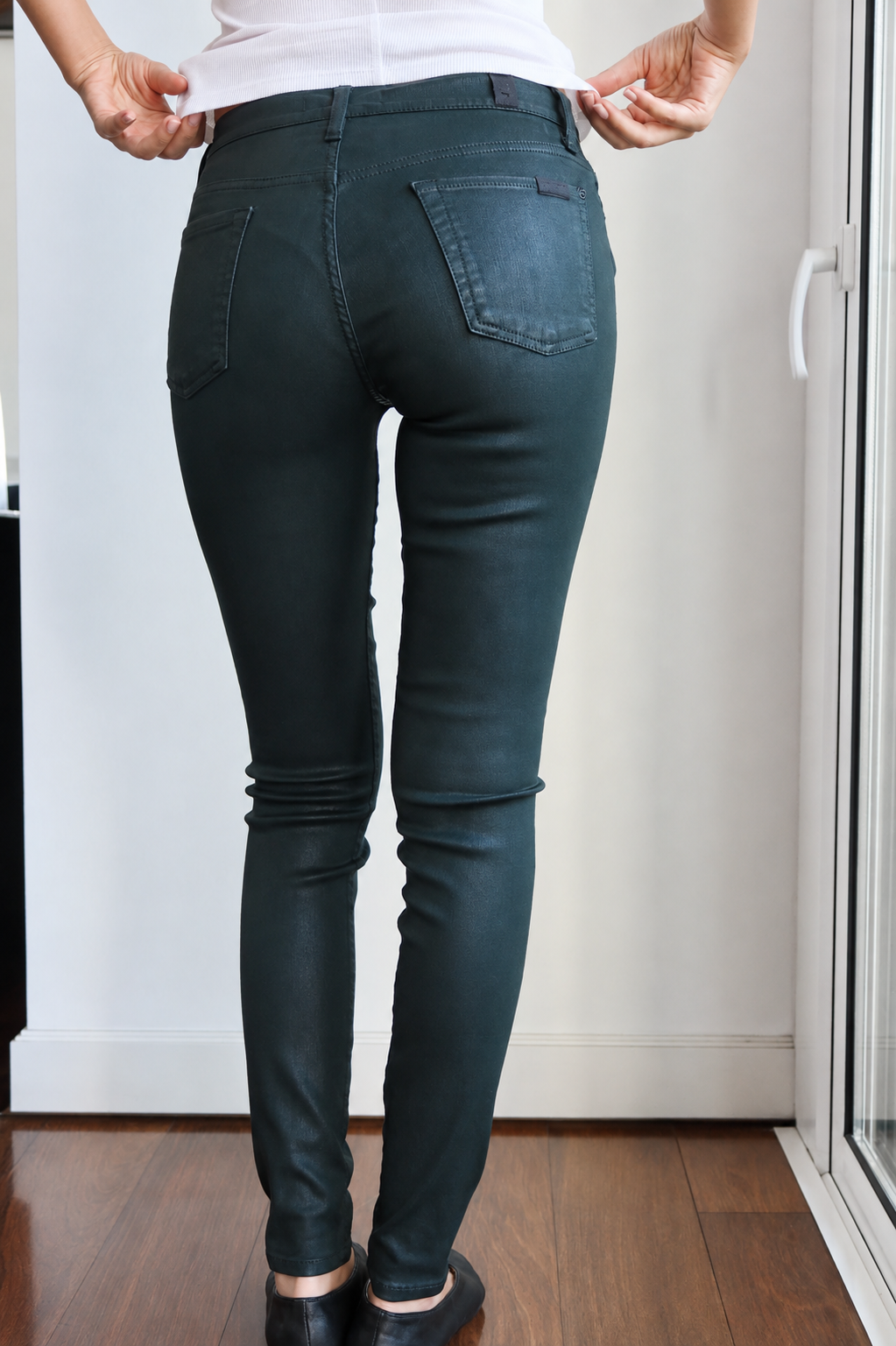 7 For All Mankind Forest Green Coated Skinny Jeans