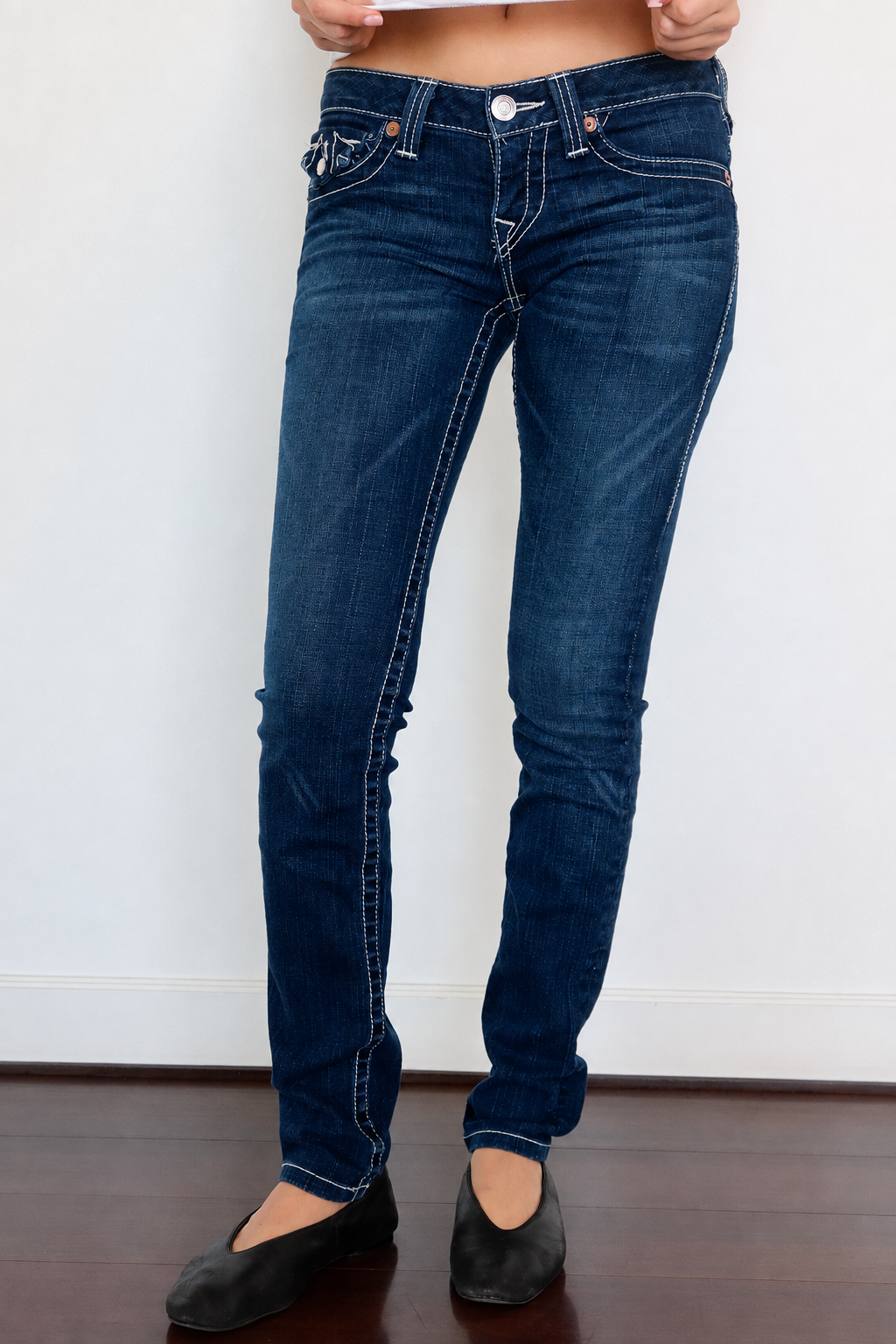 True Religion Dark-Wash Contrast-Stitch Skinny Jeans