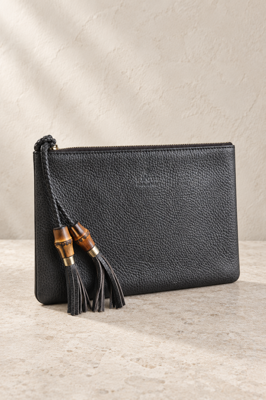 Gucci Dark Brown Bamboo Tassel Leather Pouch
