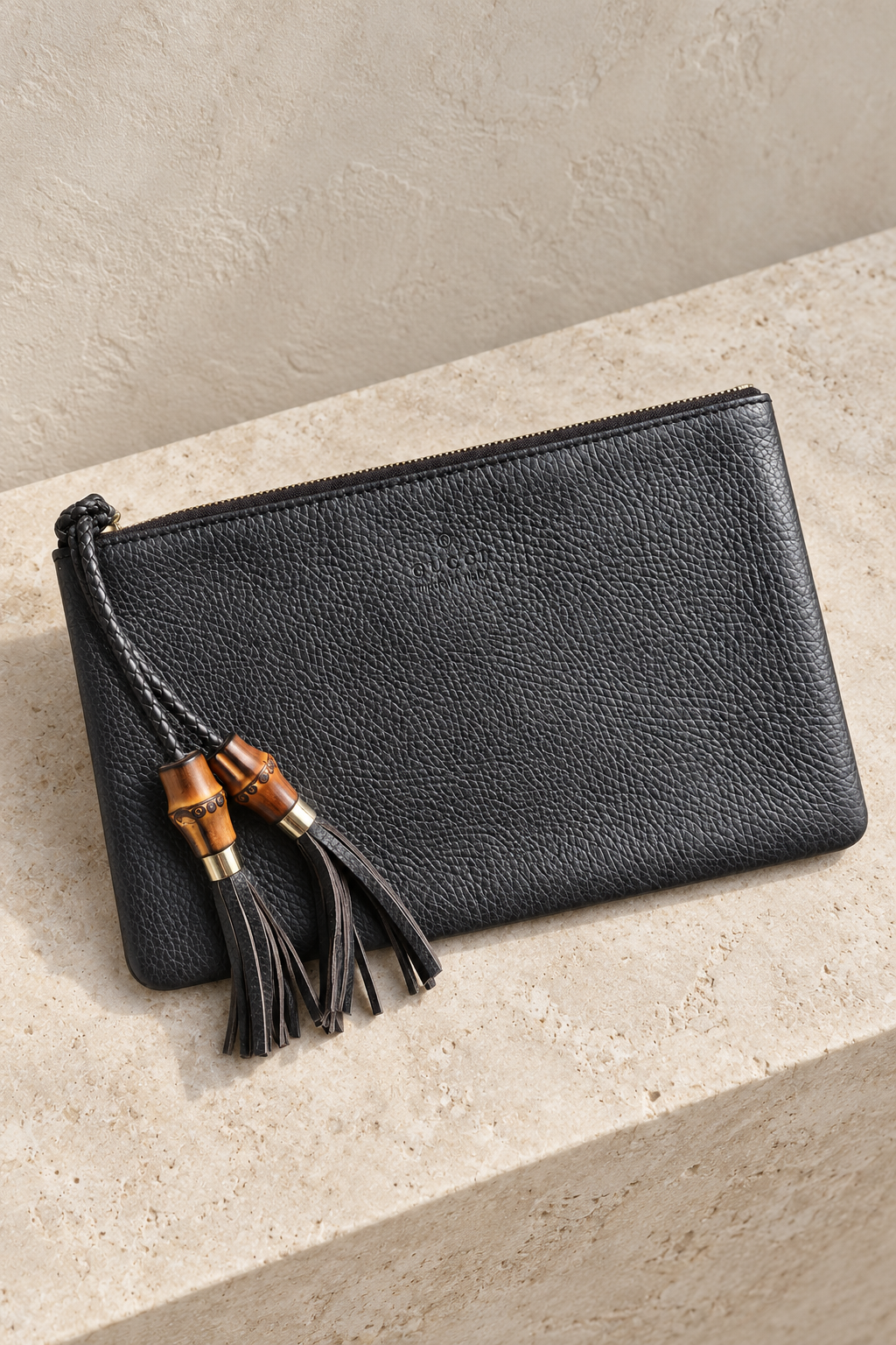 Gucci Dark Brown Bamboo Tassel Leather Pouch
