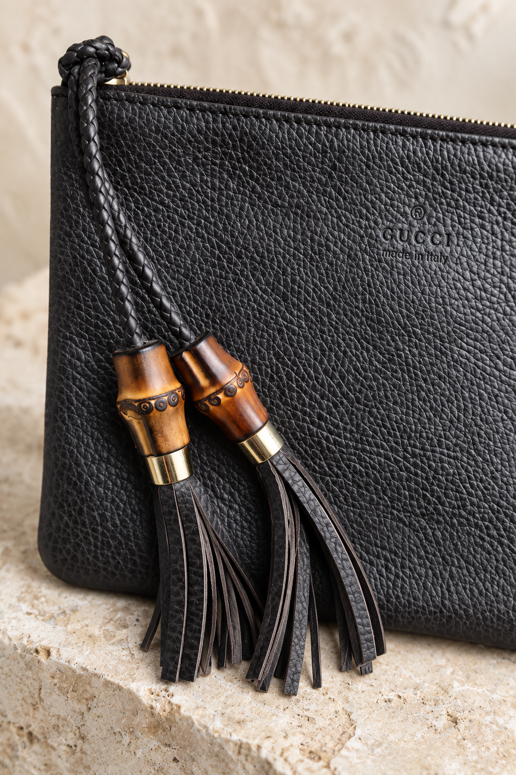 Gucci Dark Brown Bamboo Tassel Leather Pouch