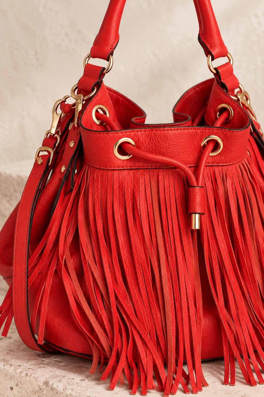 Milly Red Leather Fringe Bucket Bag
