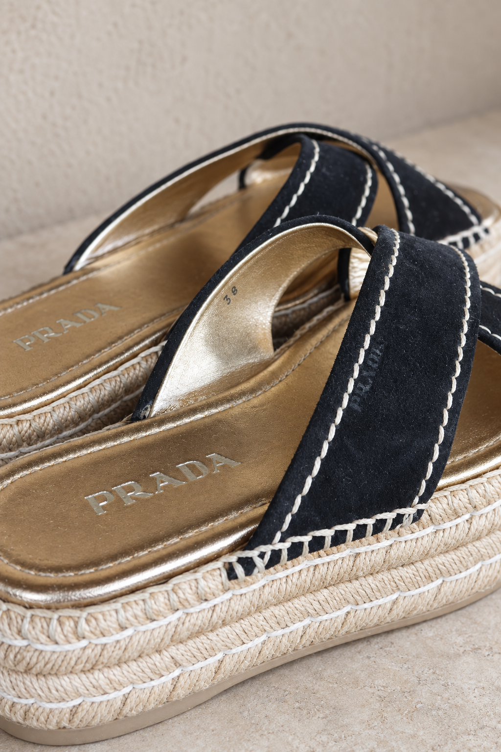Prada Black Leather Platform Espadrille Slides