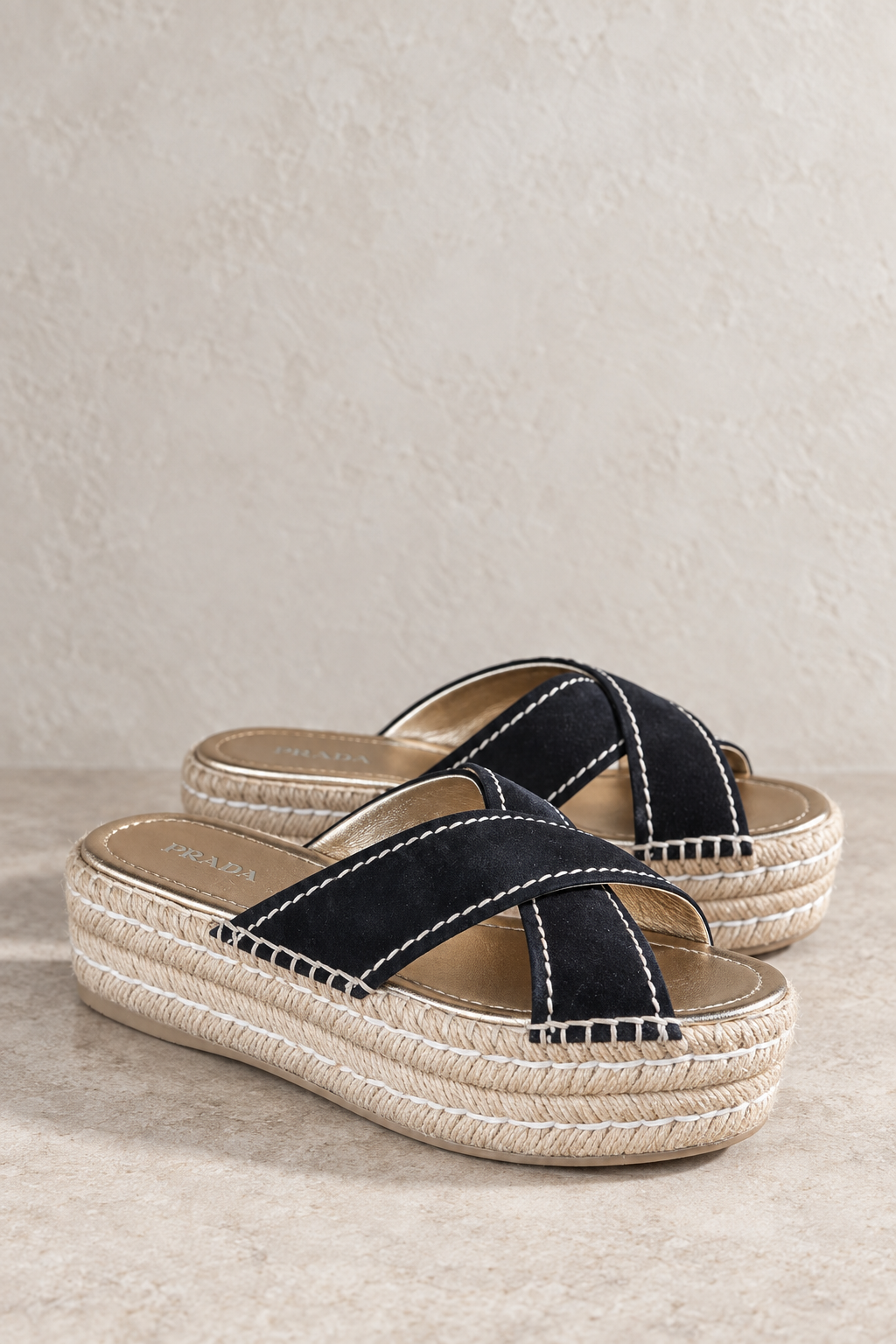 Prada Black Leather Platform Espadrille Slides
