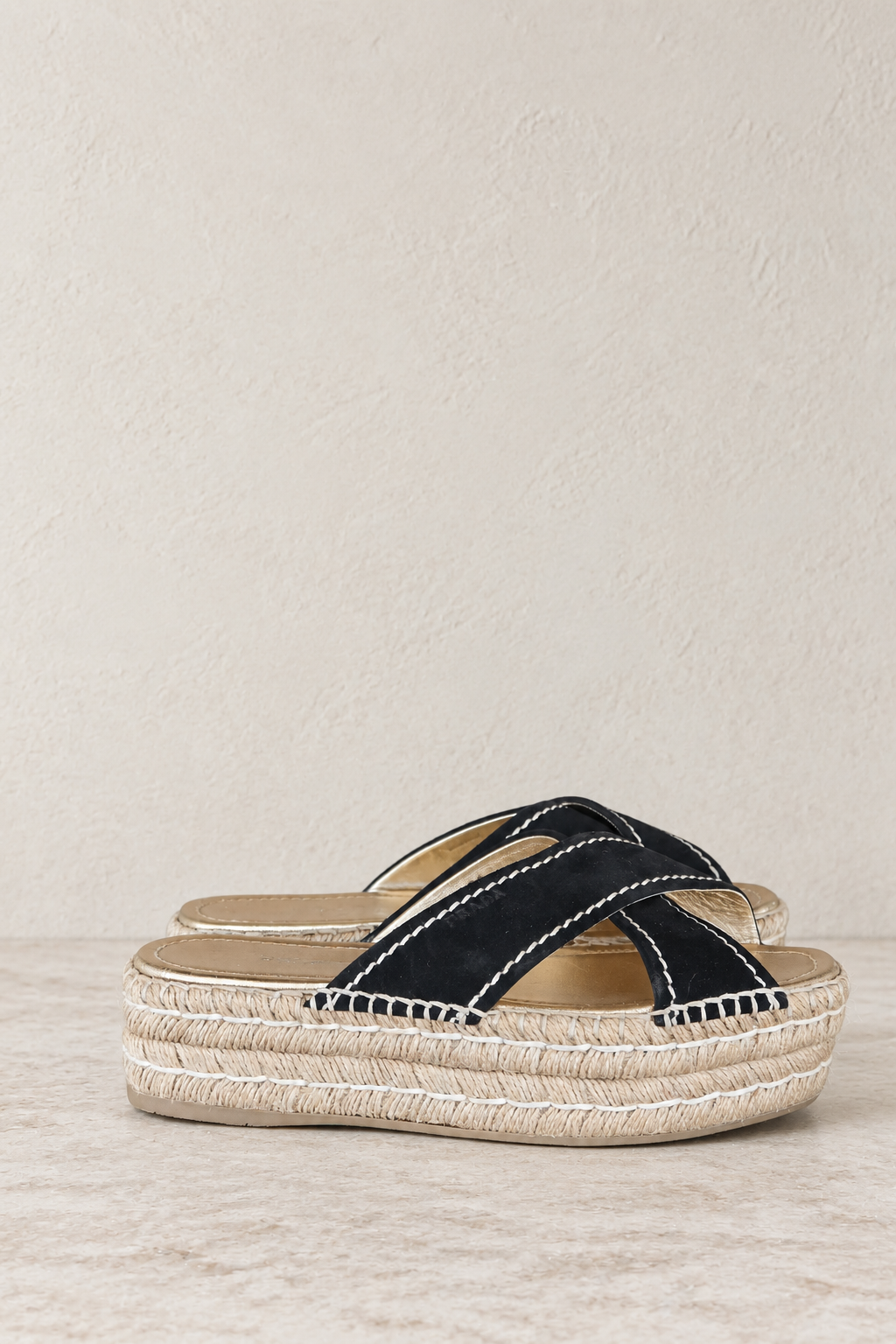 Prada Black Leather Platform Espadrille Slides