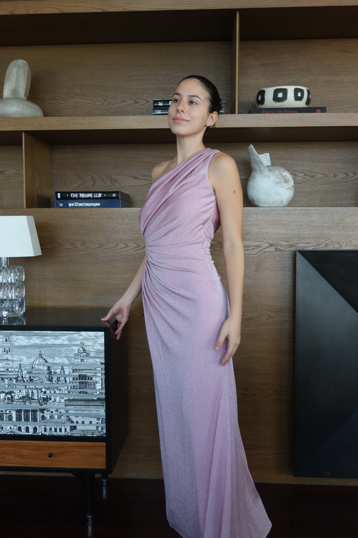 Azulu Pink Shimmer One-Shoulder Draped Maxi Dress