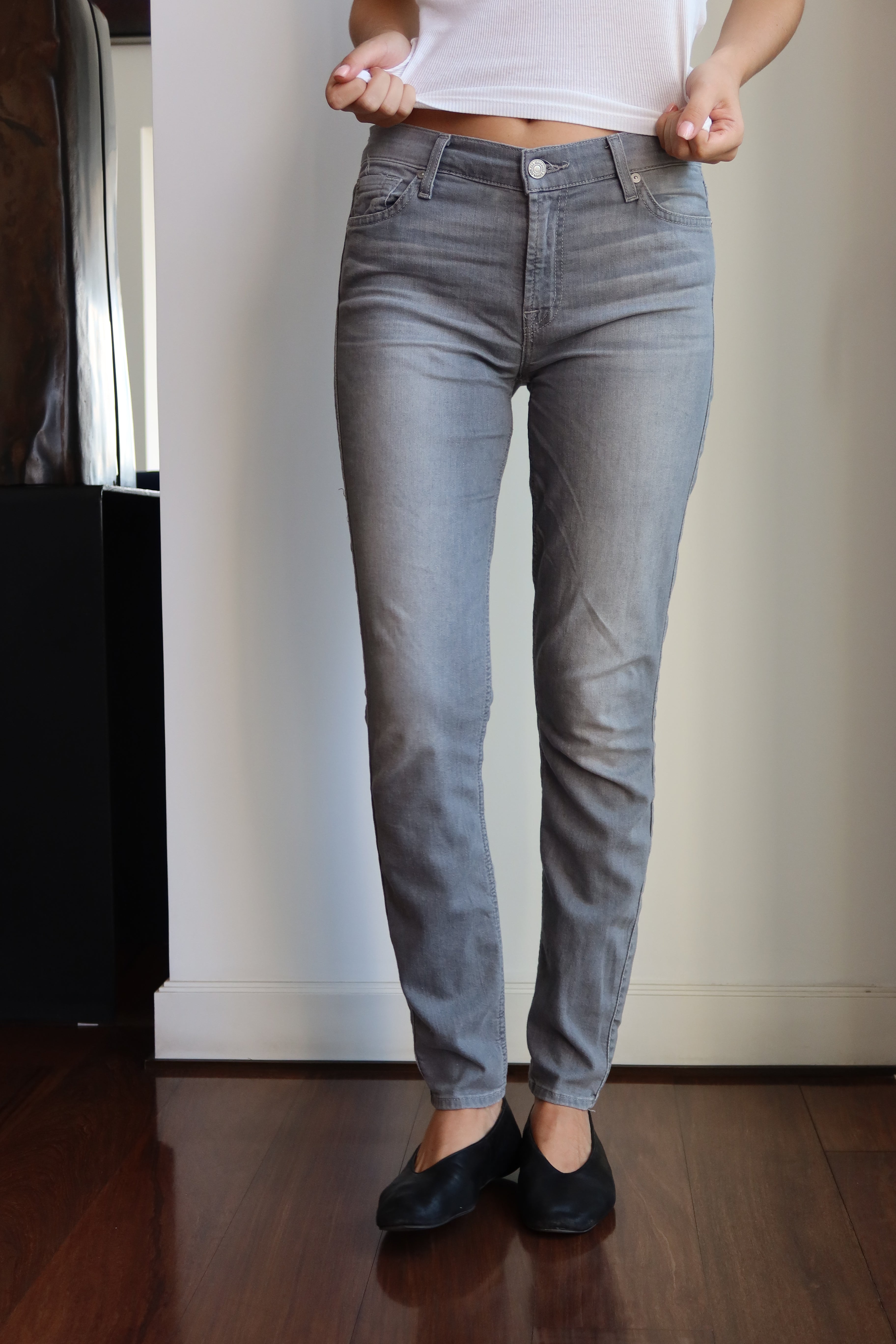 7 For All Mankind Grey Mid-Rise Skinny Jeans