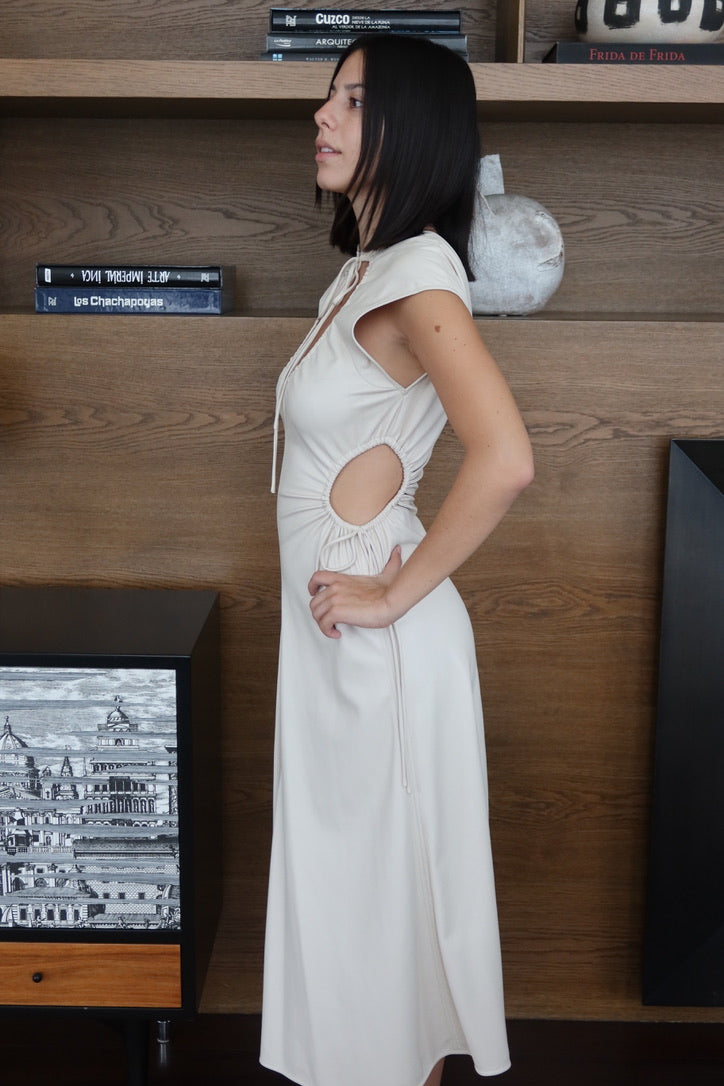 Vestido Midi Marfil con Cut-Out y Lazos A.L.C