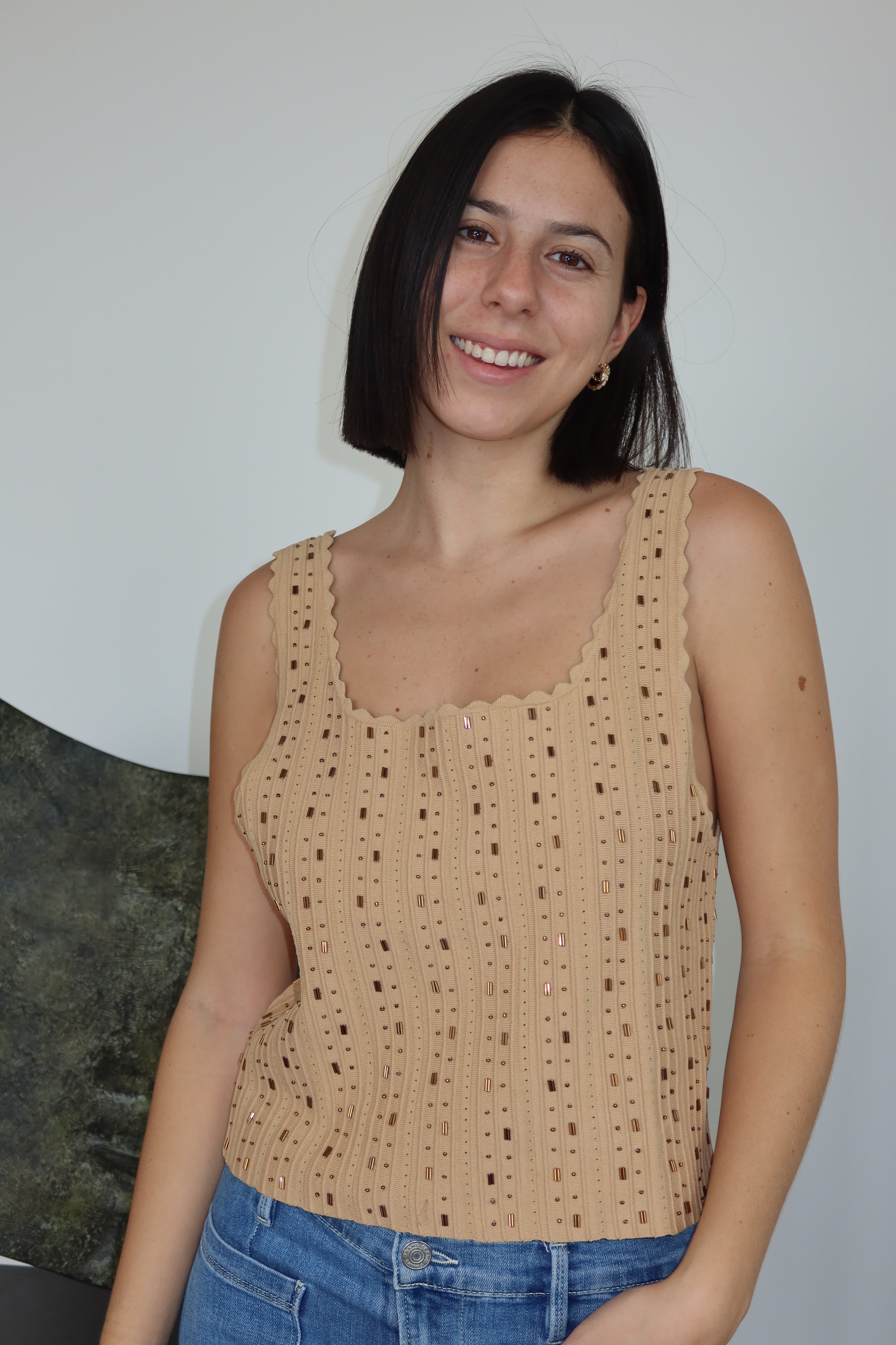 Sandro Beige Embellished Knit Tank Top