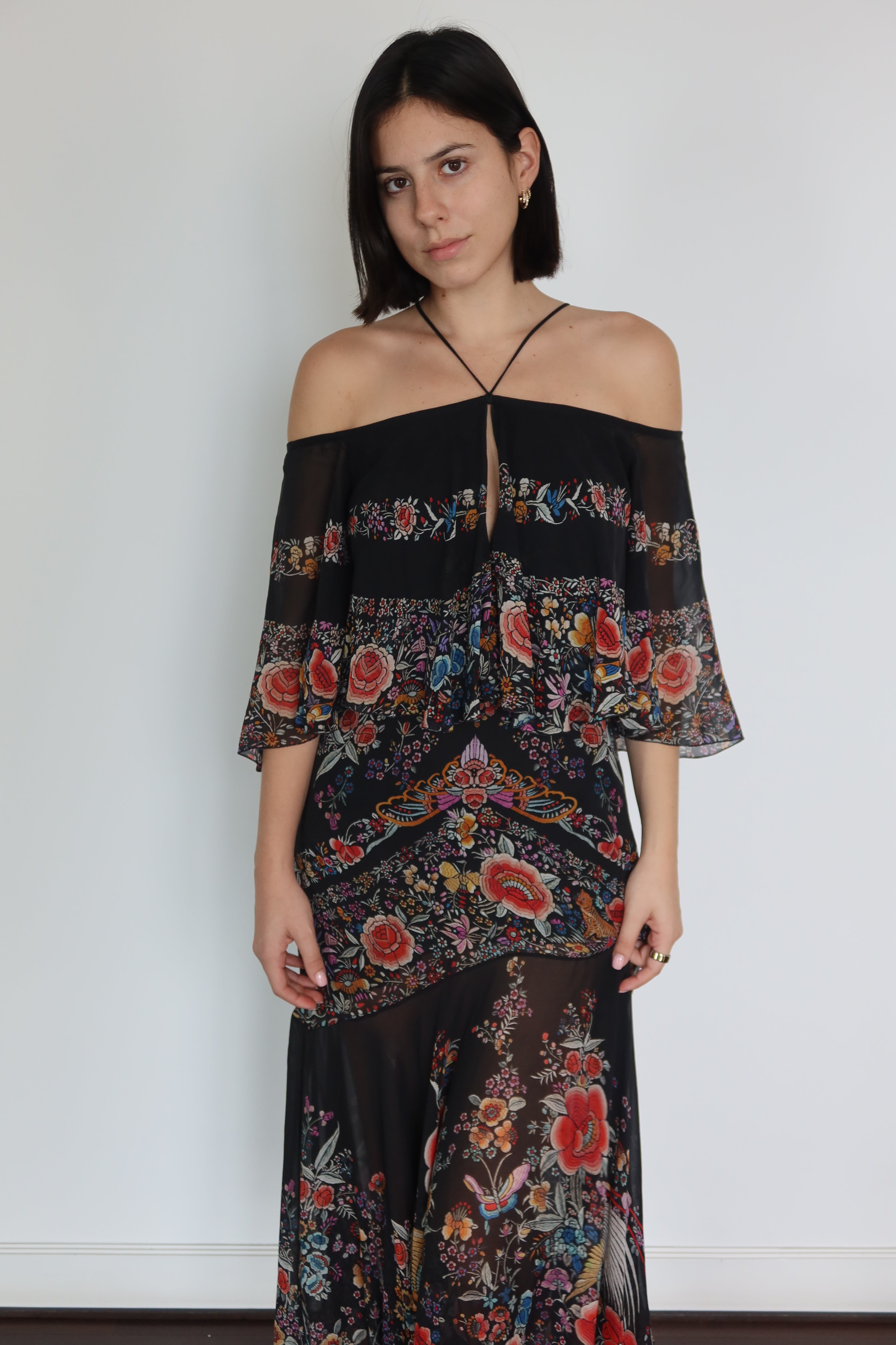 Roberto Cavalli Black Floral Silk Maxi Dress