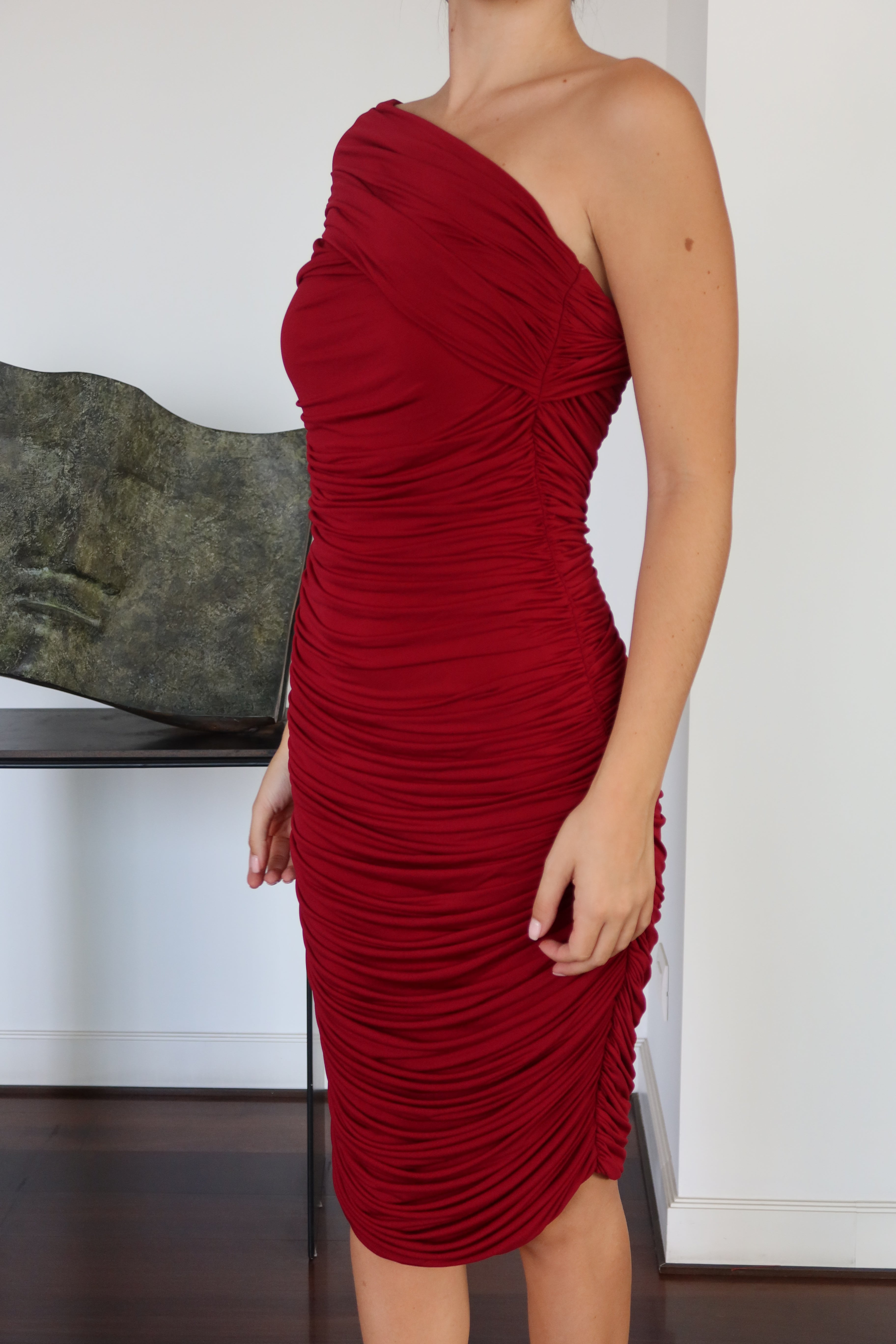 Elie Tahari Red Ruched One-Shoulder Dress