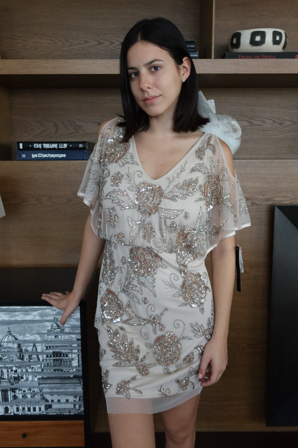 Aidan Mattox Ivory Sequin Embellished Mini Dress
