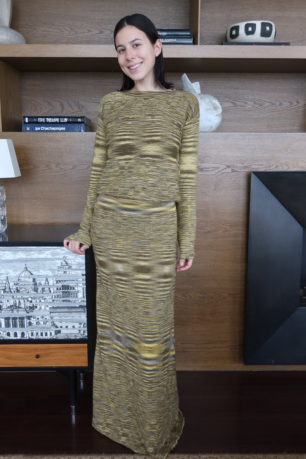 Fringe Green & Gold Textured Knit Maxi Set