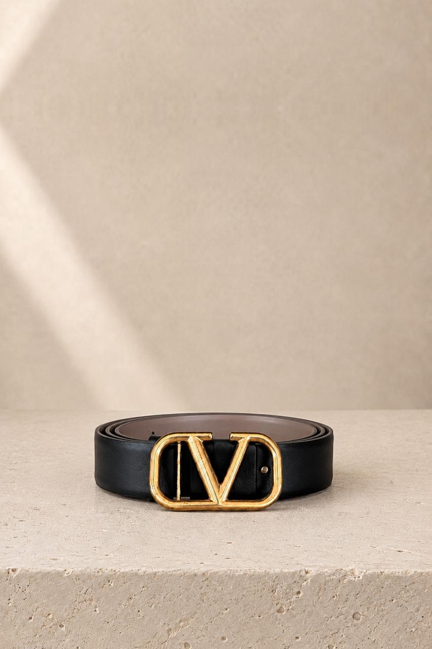 Correa Reversible de Cuero Negra y Taupe Valentino VLogo