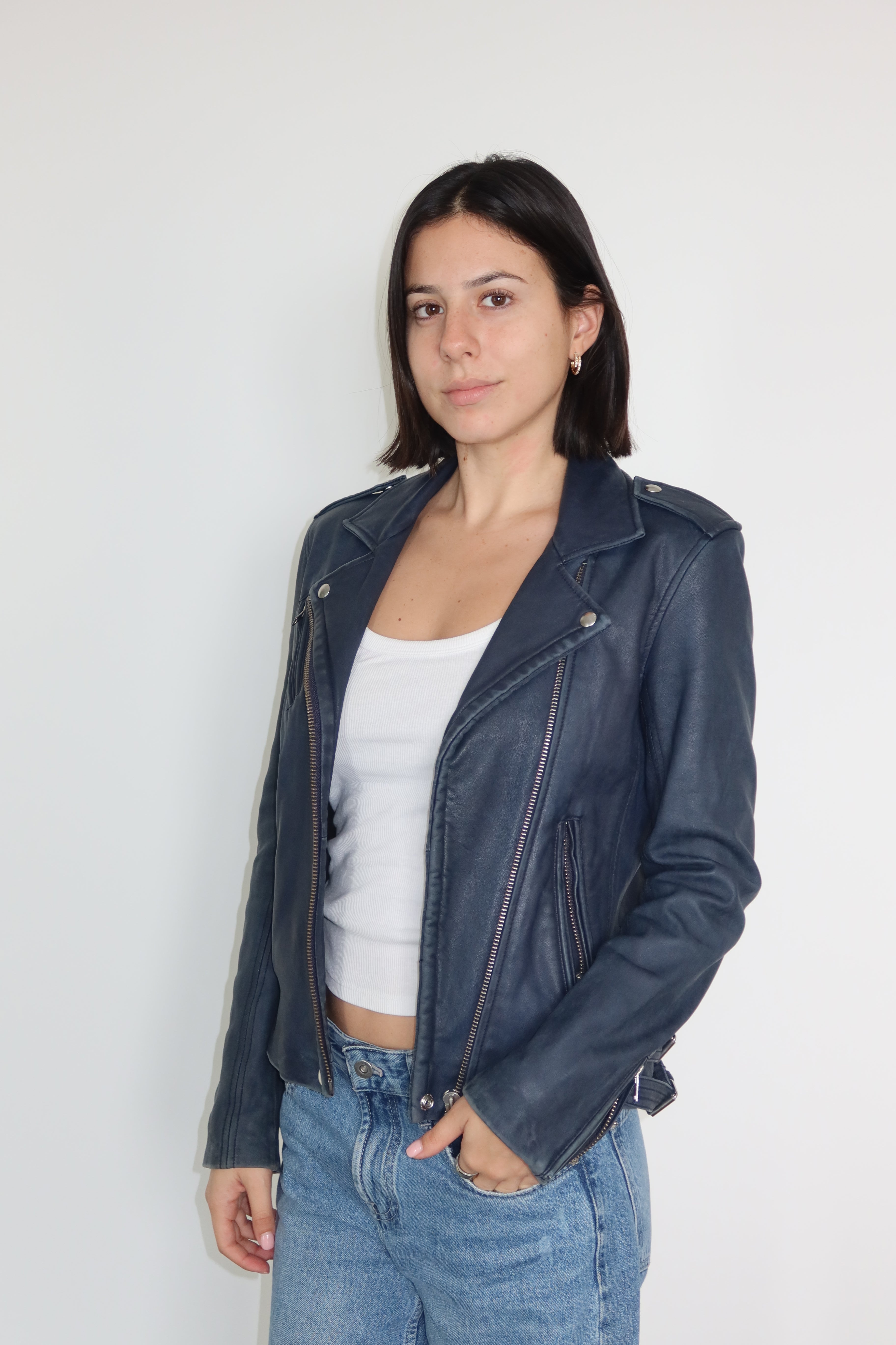 IRO Casaca Biker de Cuero Azul