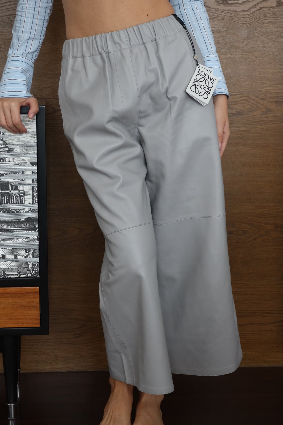 Loewe Grey Leather Wide-Leg Pants