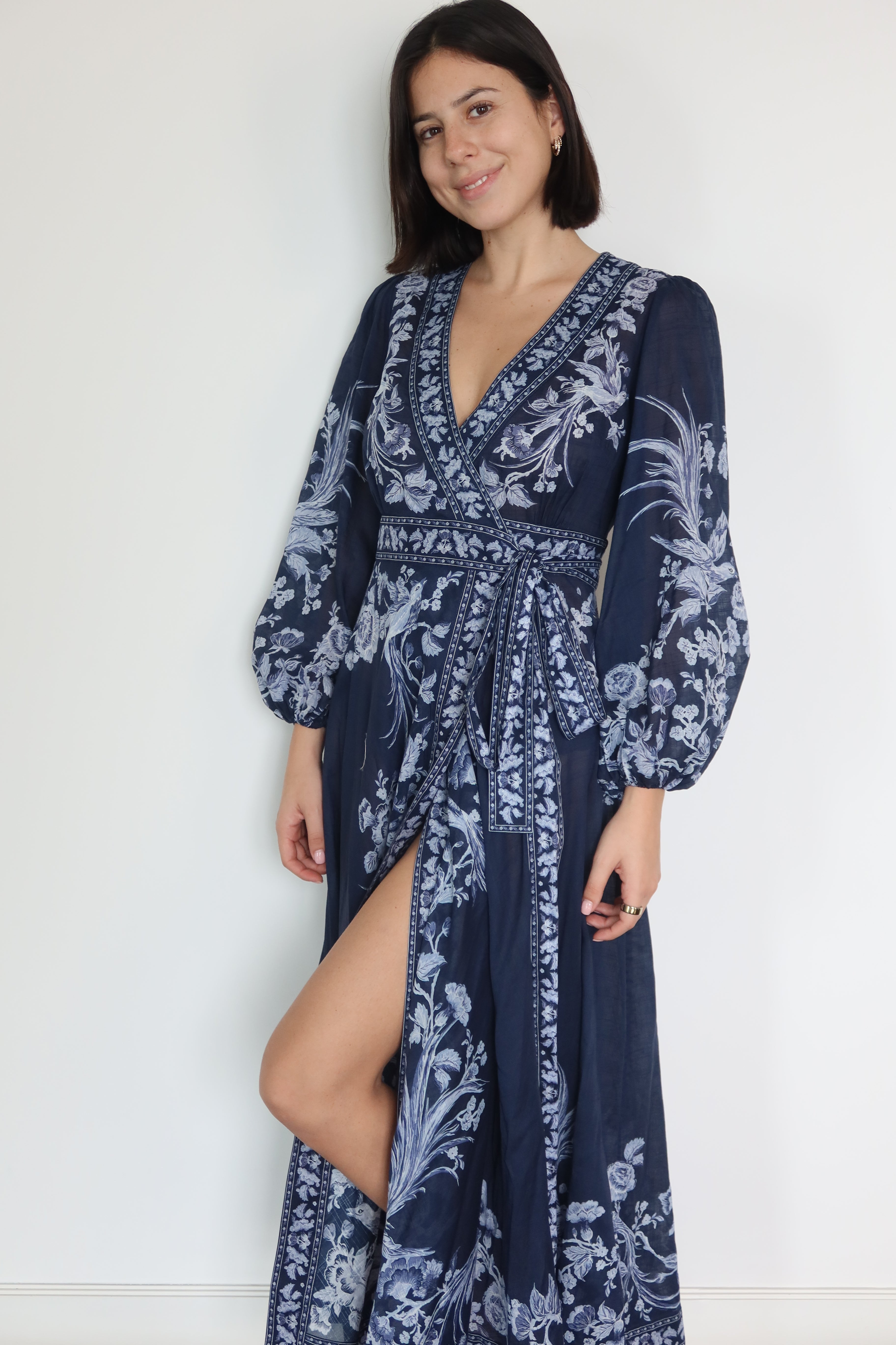 Zimmermann Navy Floral Wrap Maxi Dress