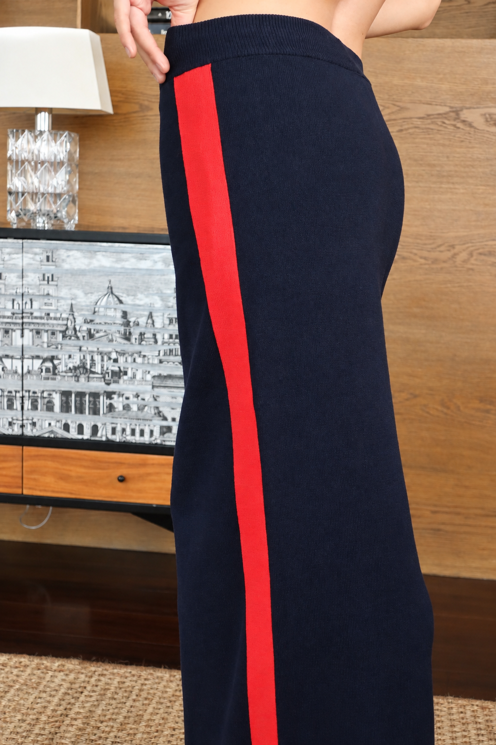 Stella McCartney Navy Blue Maxi Skirt with Red Side Stripes