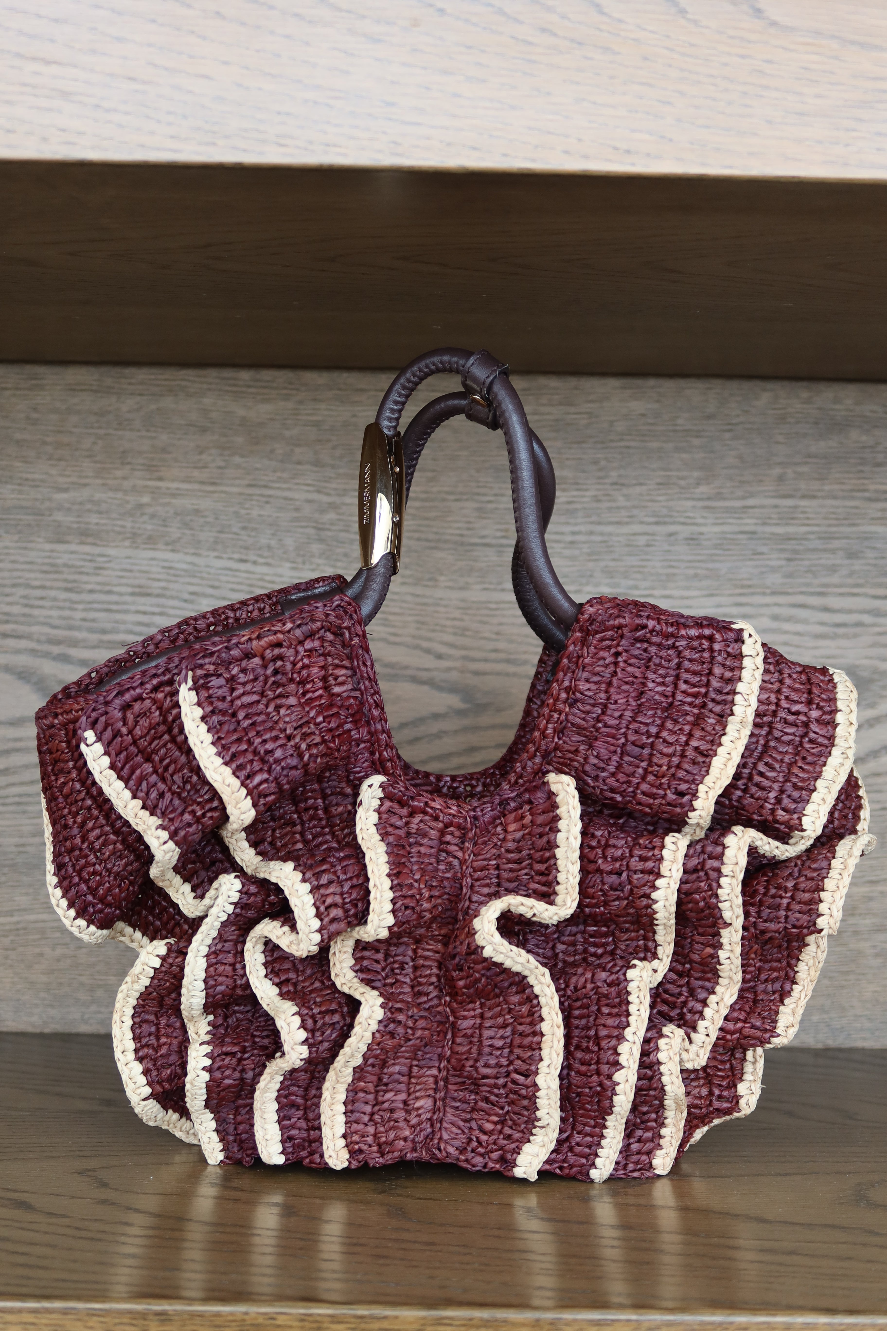Zimmermann Burgundy Raffia Ruffle Mini Bag