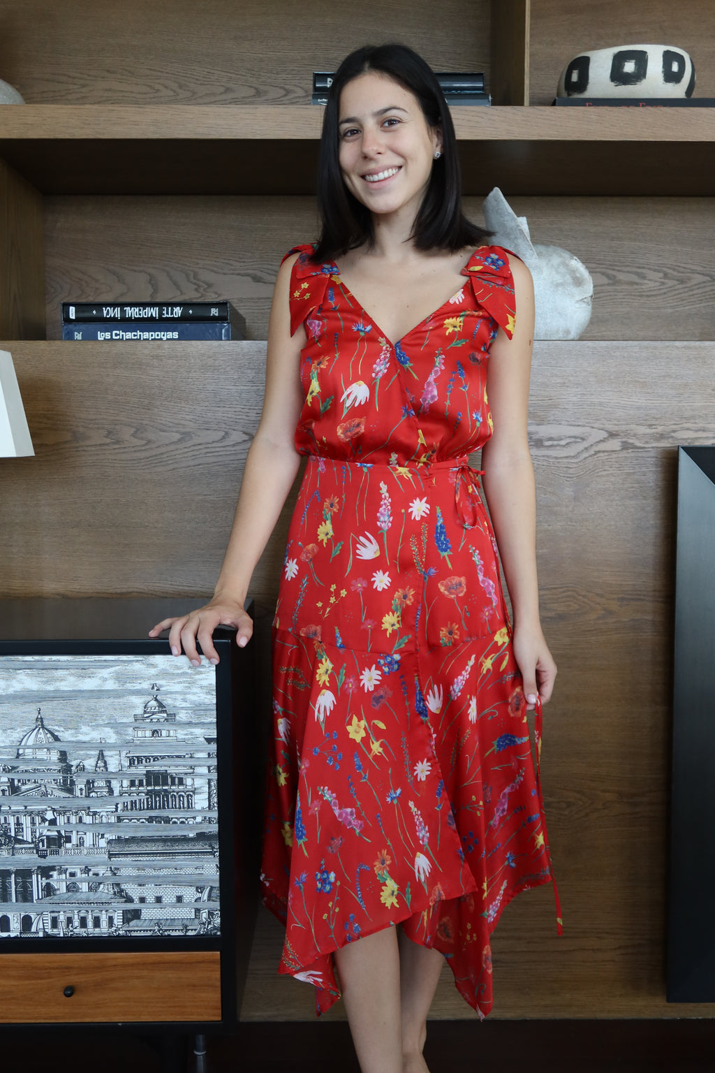 The Kooples Red Floral Print Asymmetric Midi Dress