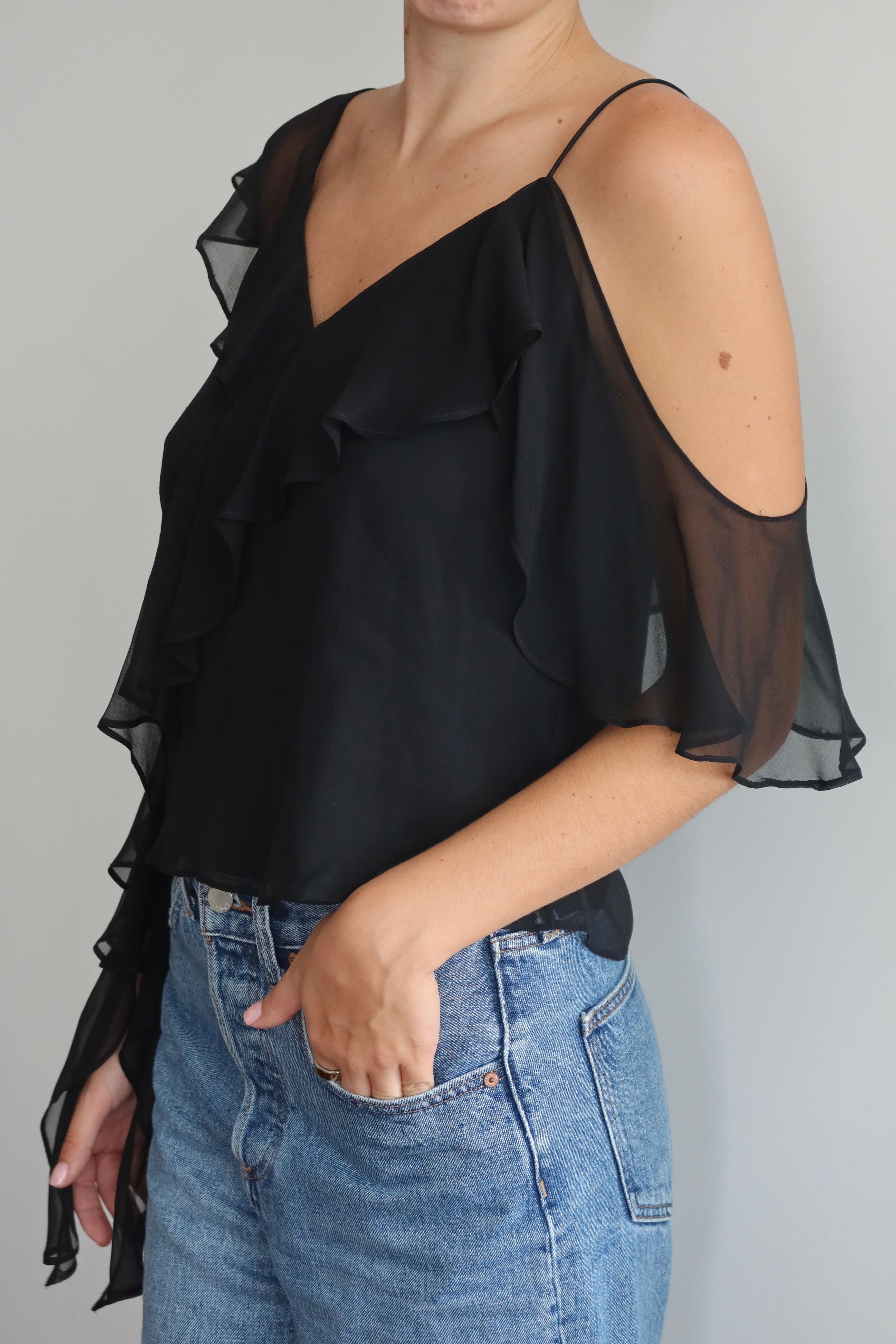 Alice + Olivia Black Sheer Ruffle Top