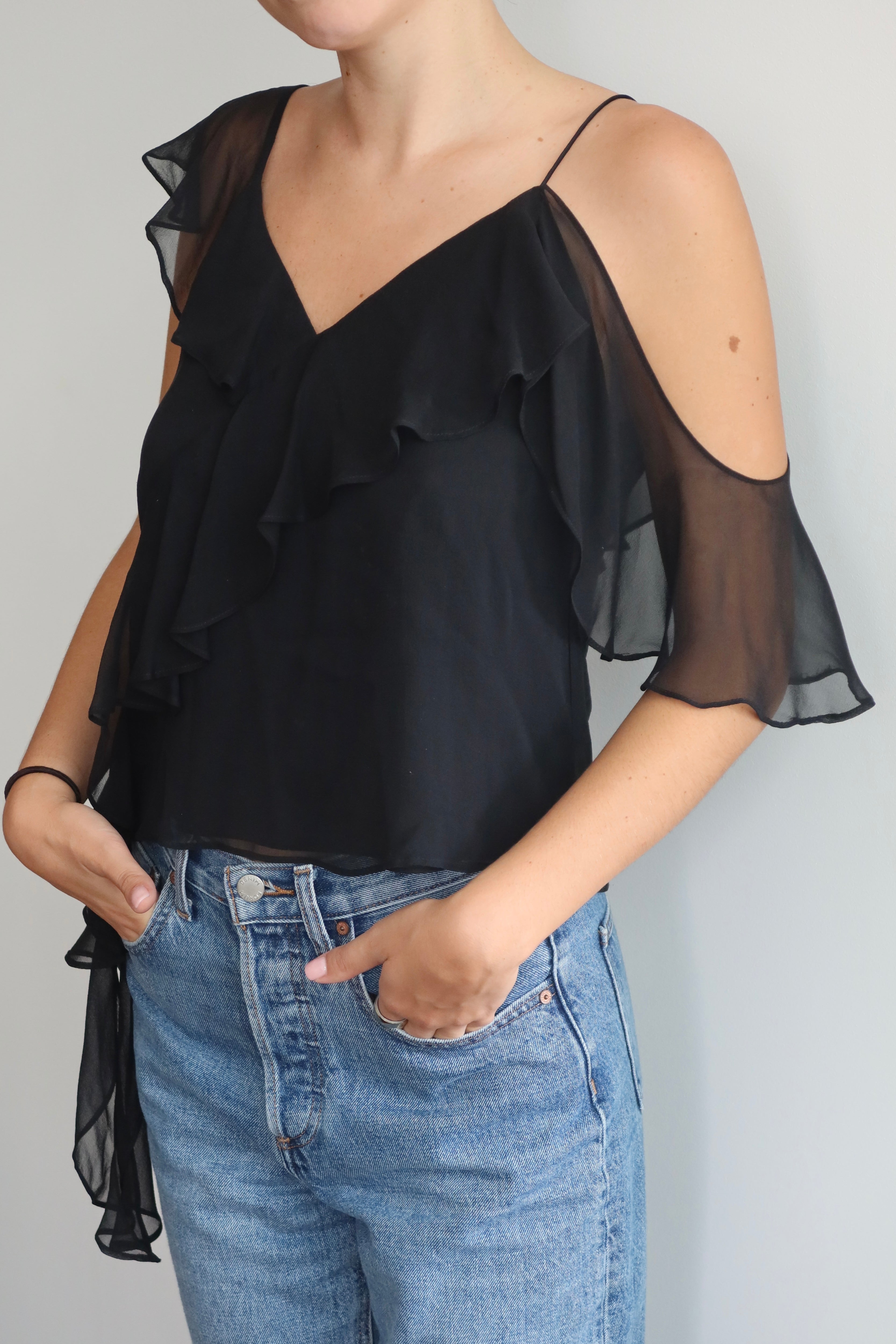 Alice + Olivia Black Sheer Ruffle Top