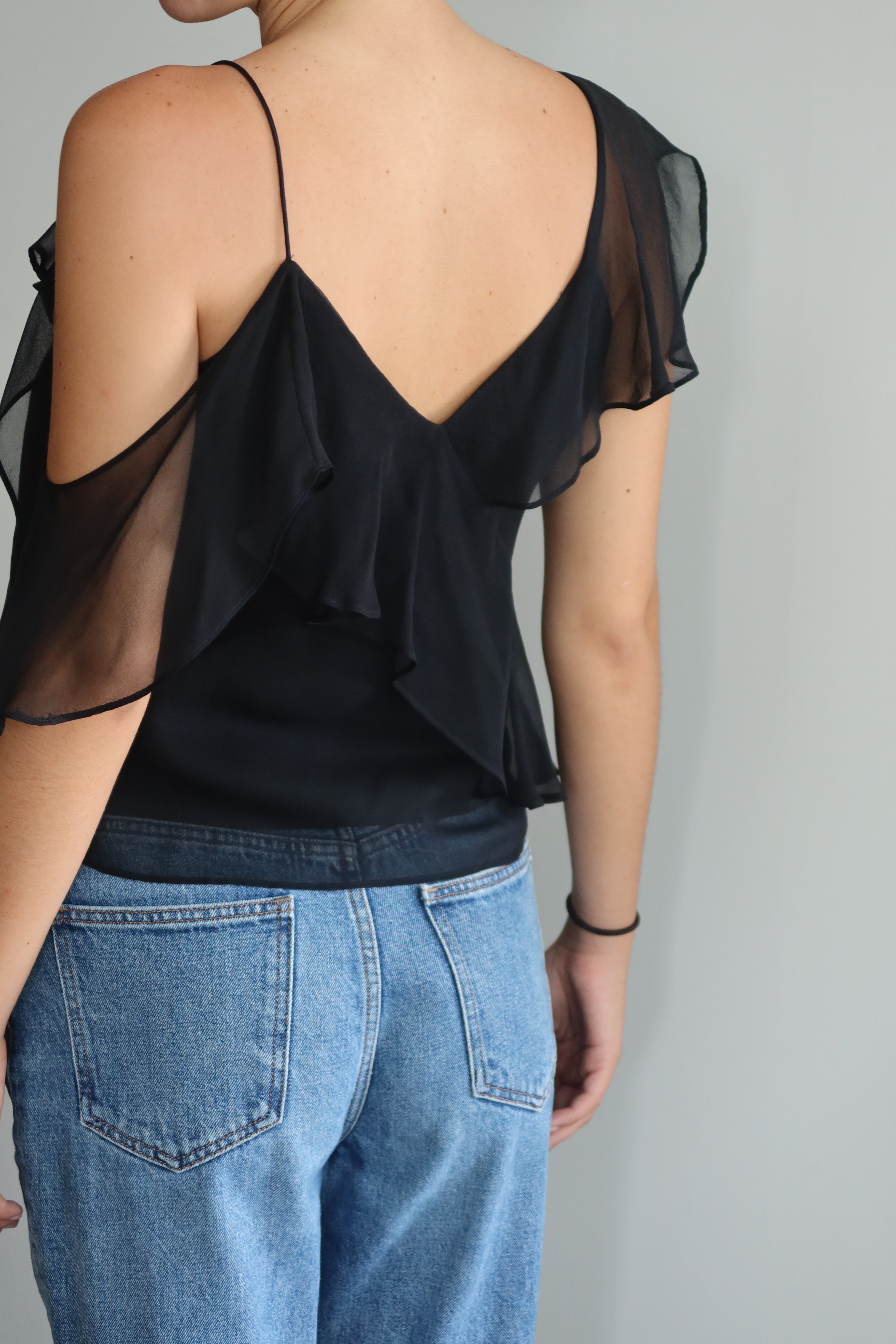 Alice + Olivia Black Sheer Ruffle Top