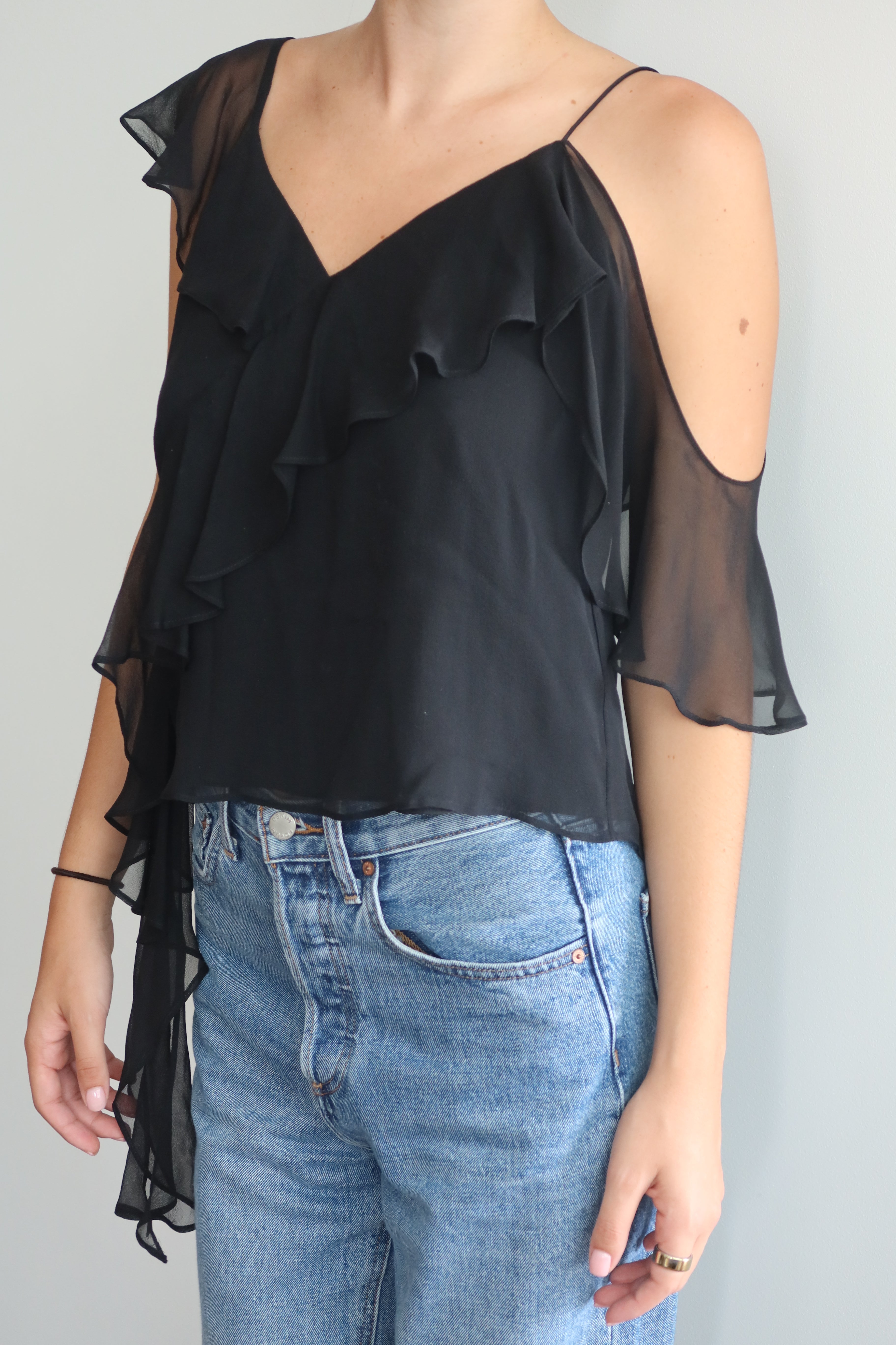 Alice + Olivia Black Sheer Ruffle Top