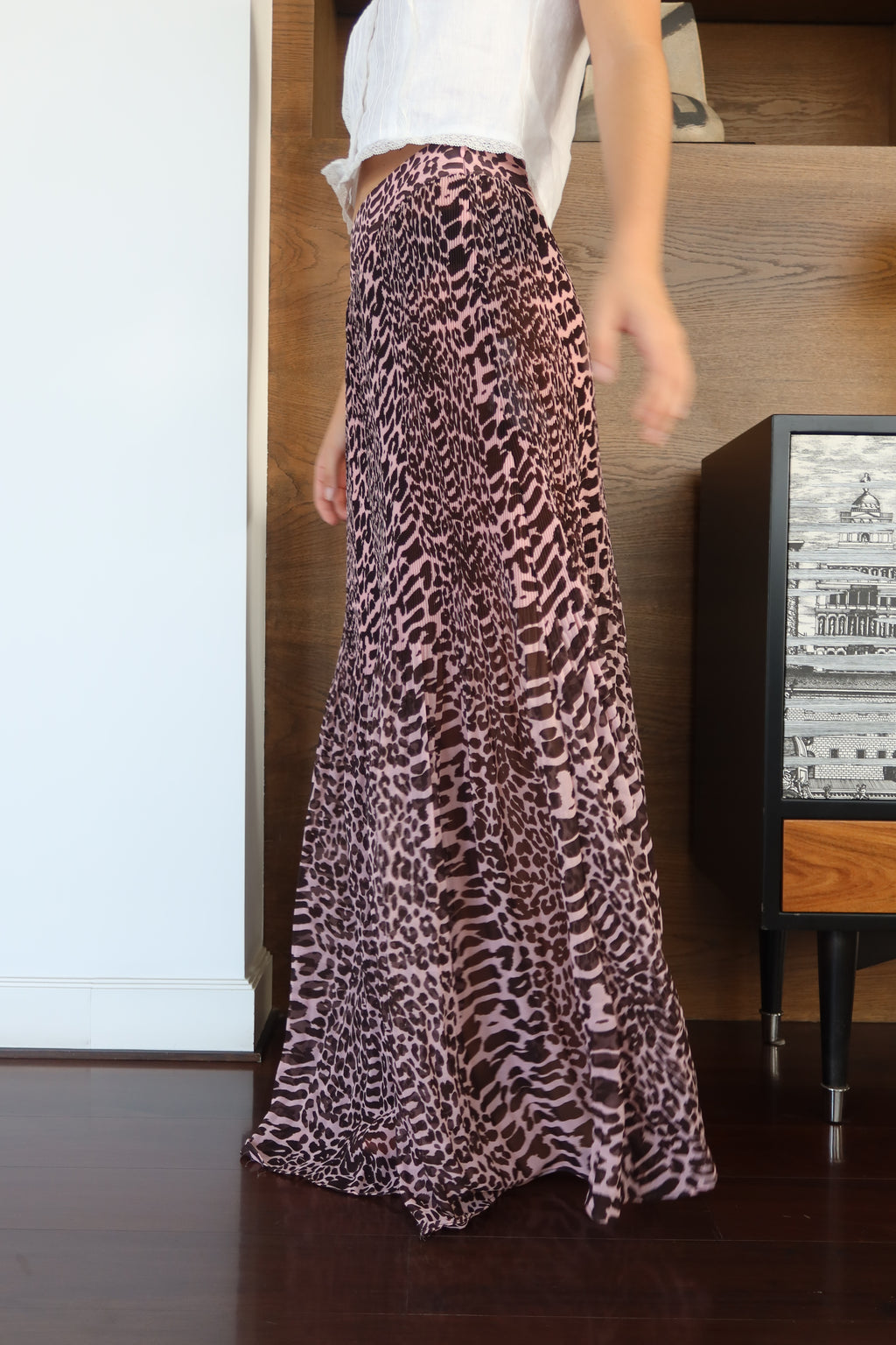 GANNI Pink Animal Print Pleated Maxi Skirt