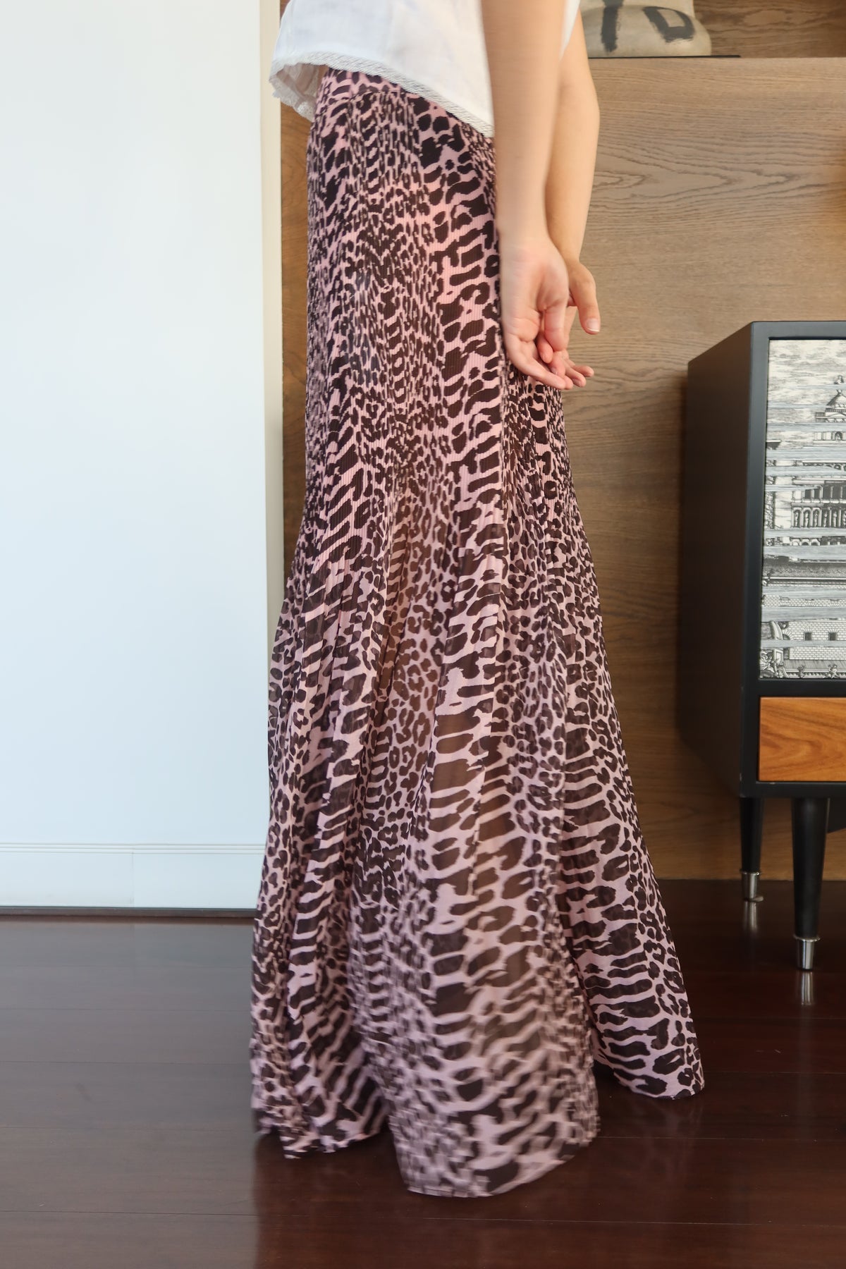 GANNI Pink Animal Print Pleated Maxi Skirt