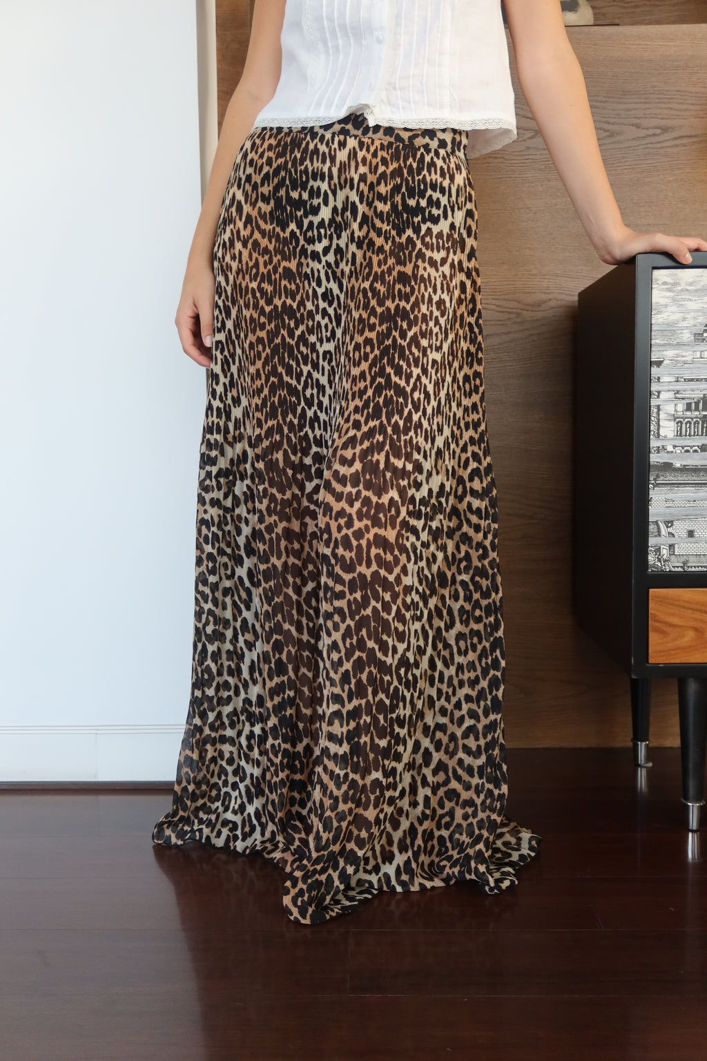 GANNI Brown Leopard Print Pleated Maxi Skirt