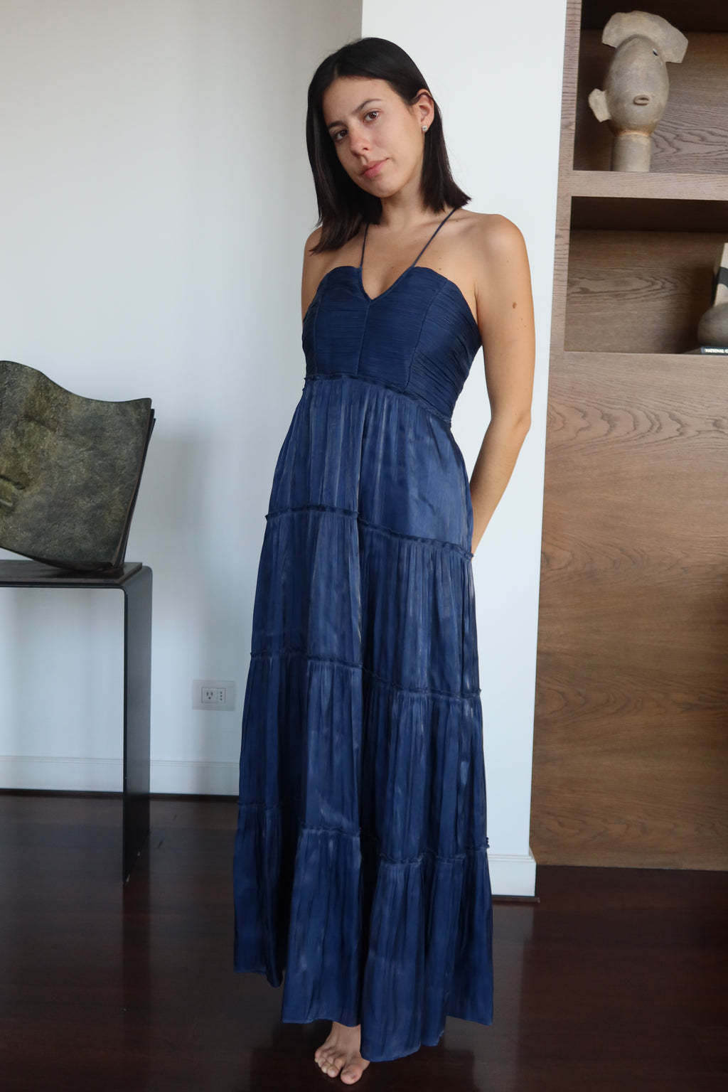 OPT Vestido Maxi Galter Plisado Azul Marino