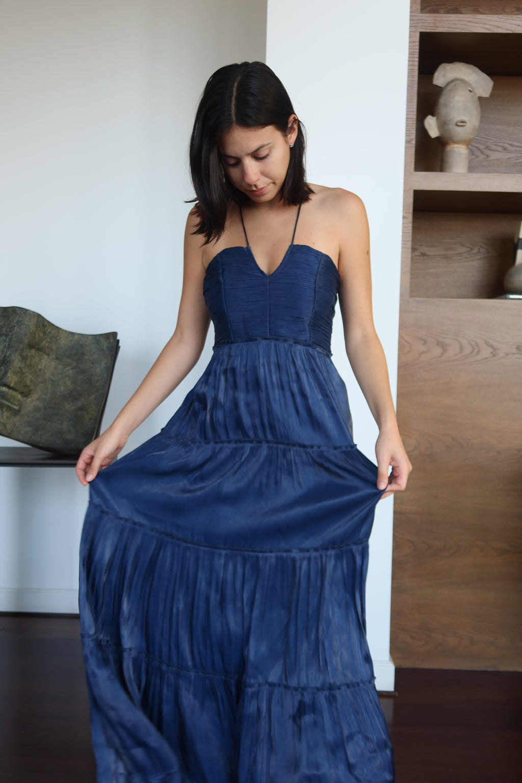 OPT Vestido Maxi Galter Plisado Azul Marino