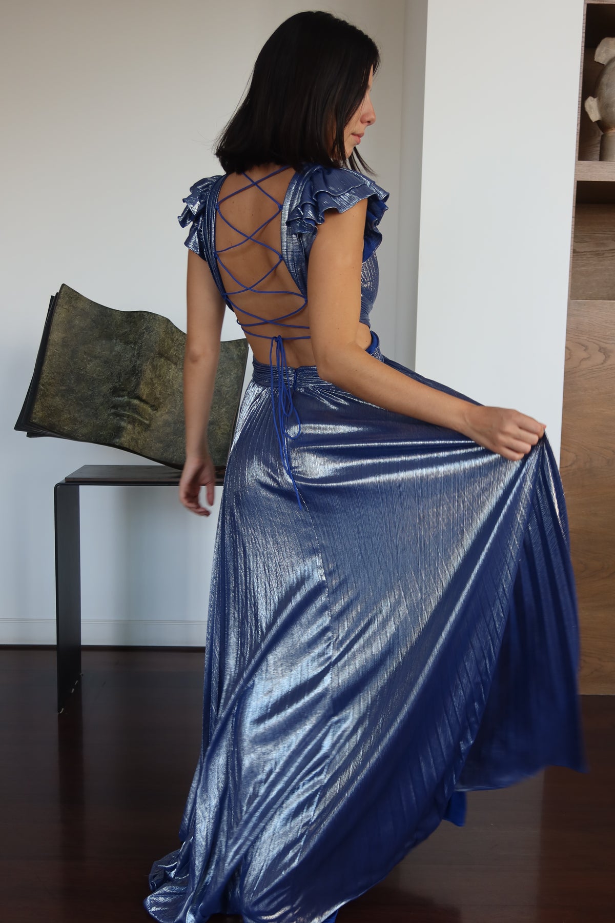 Mac Duggal Metallic Pleated Cutout Gown