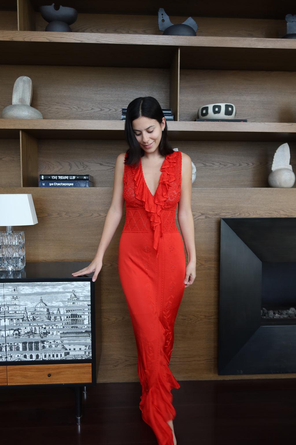 Roberto Cavalli Red Lace Ruffle Maxi Dress