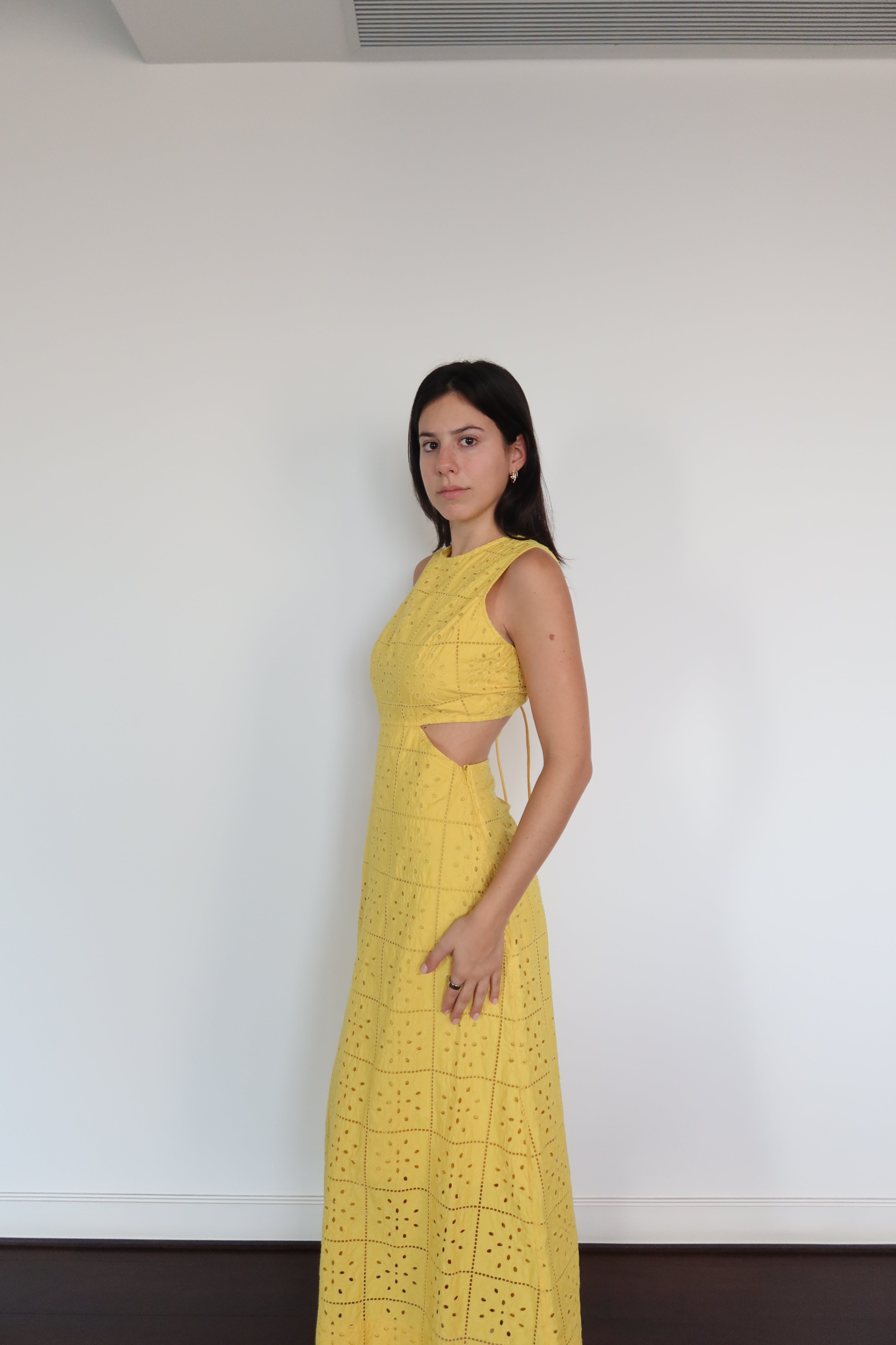 Ganni Yellow Eyelet Cut-Out Maxi Dress