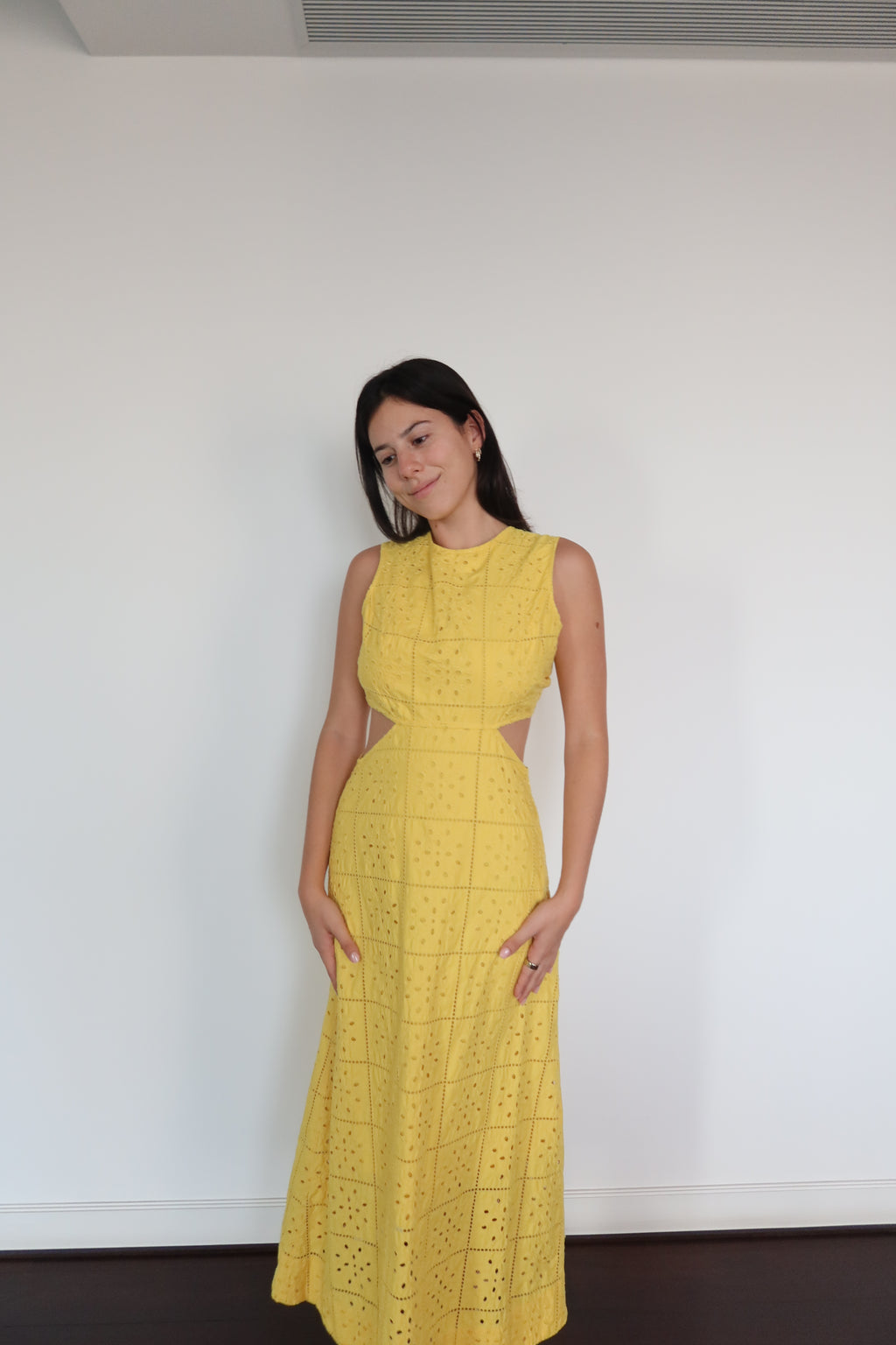 Ganni Yellow Eyelet Cut-Out Maxi Dress