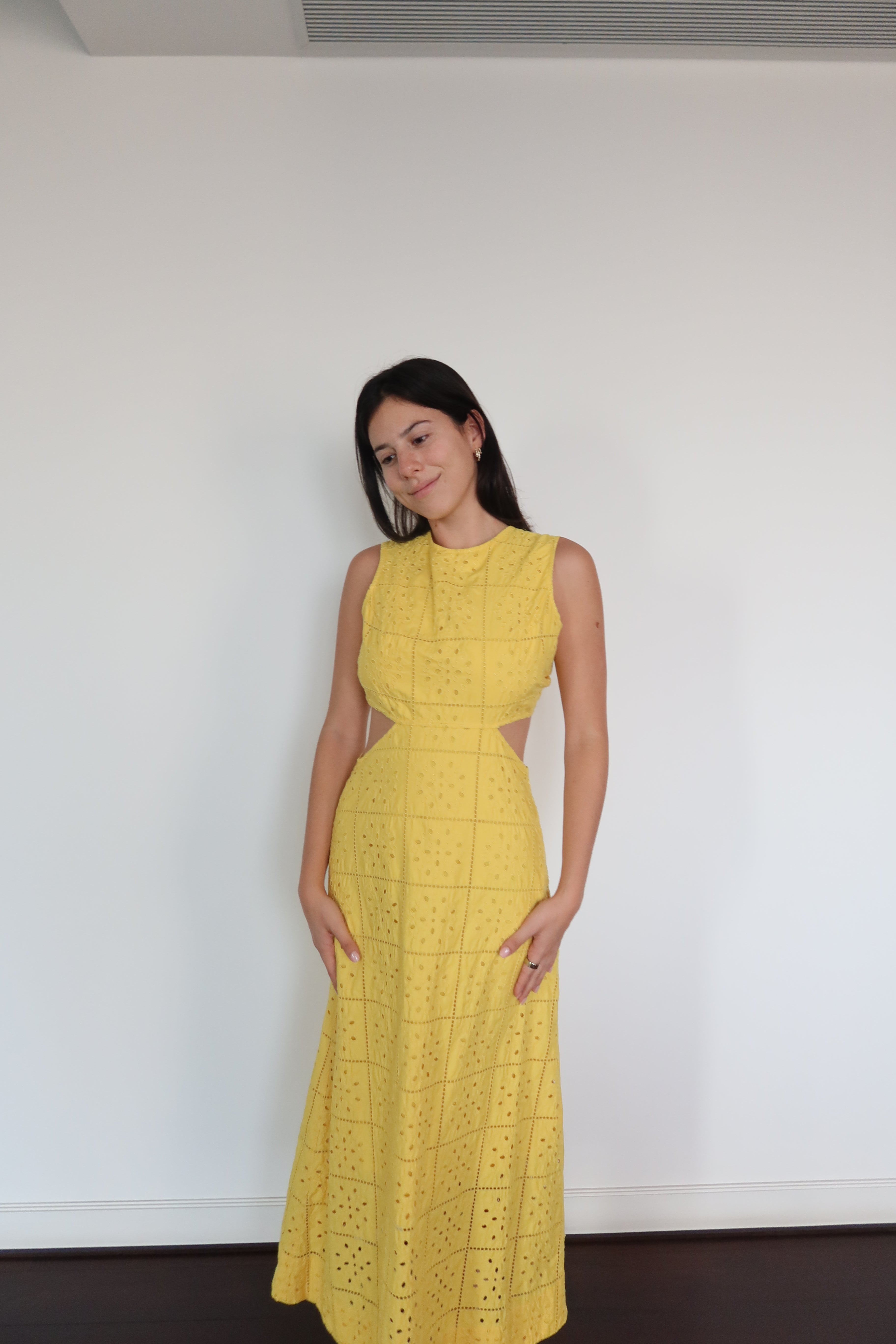 Ganni Yellow Eyelet Cut-Out Maxi Dress