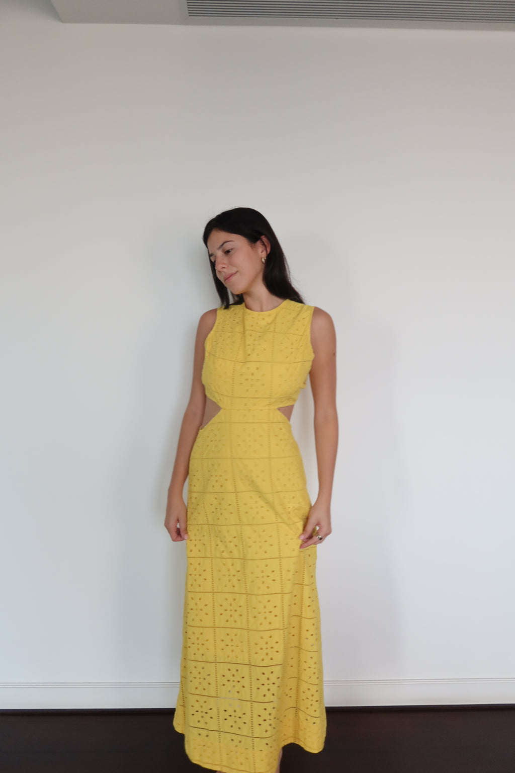 Ganni Yellow Eyelet Cut-Out Maxi Dress
