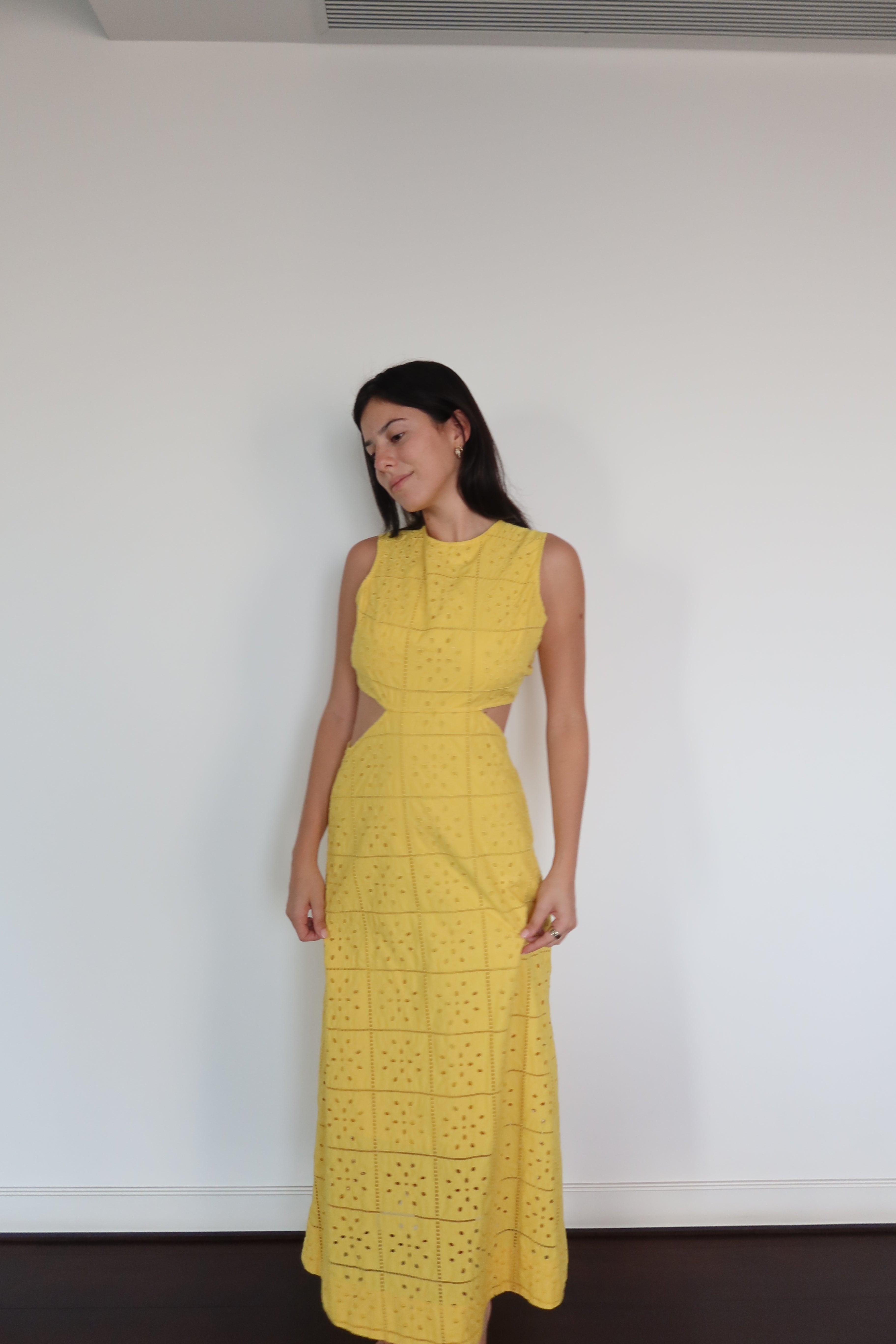 Ganni Yellow Eyelet Cut-Out Maxi Dress
