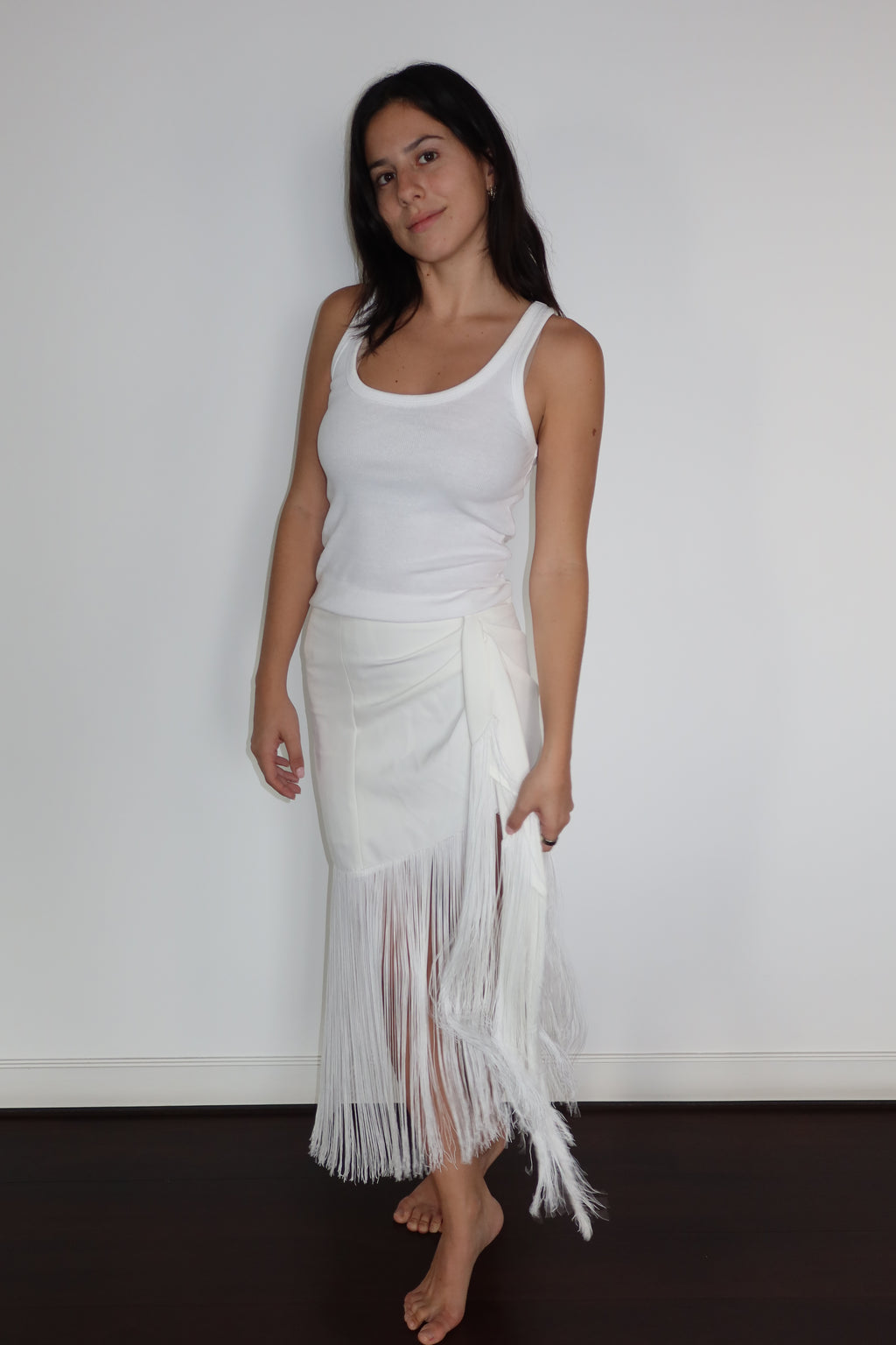 No Pise La Grama White Fringe Midi Skirt