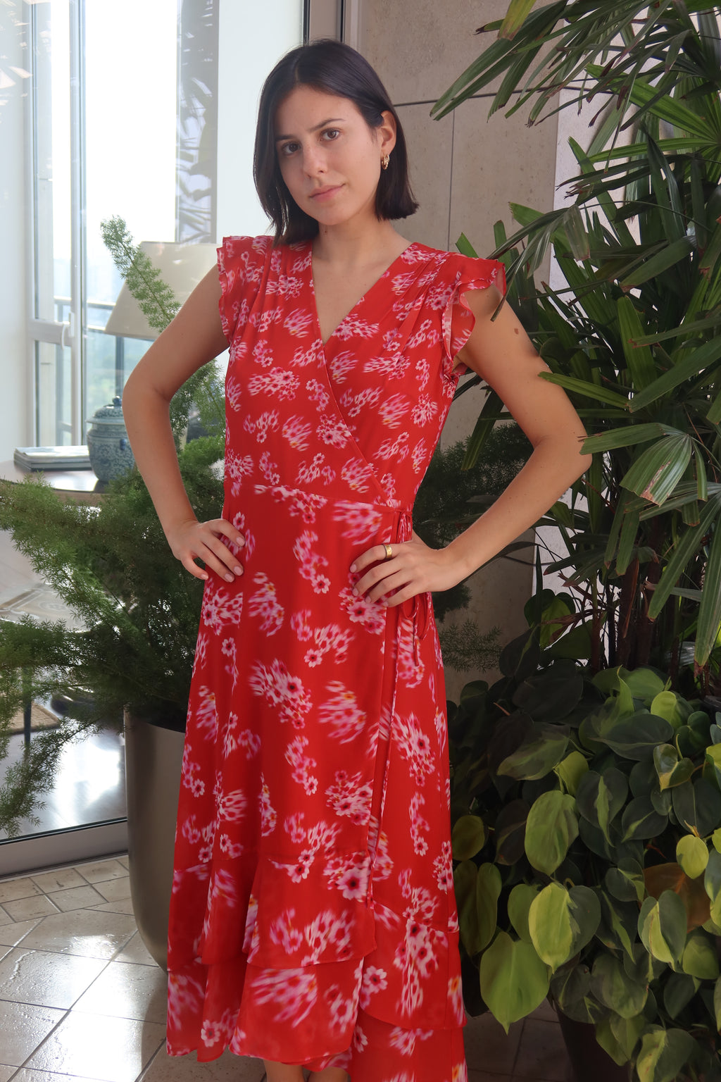 AllSaints Red Floral Wrap Maxi Dress